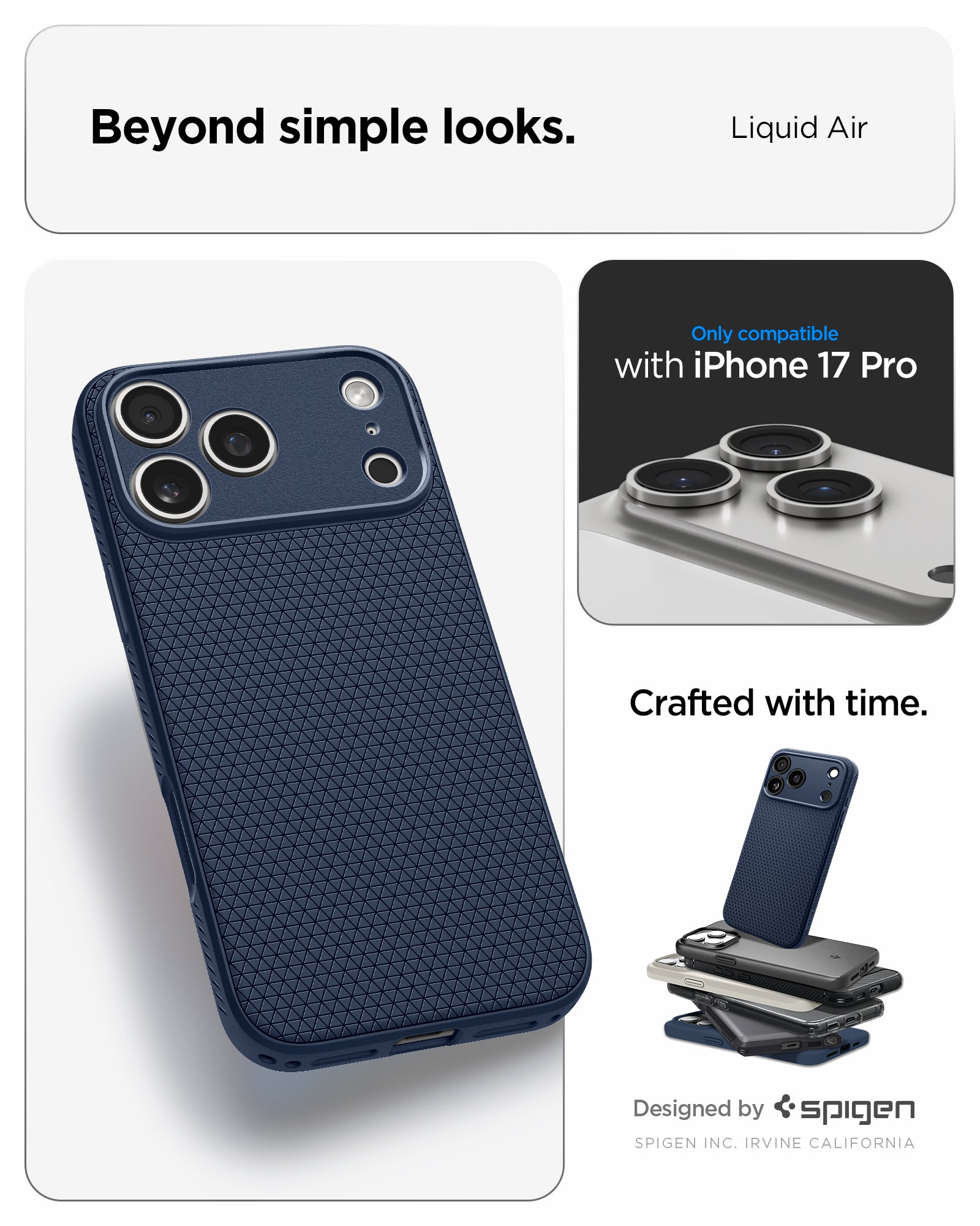 ACS09943 - iPhone 17 Pro Liquid Air in Navy Blue showing beyond simple looks. liquid air. designed by spigen.