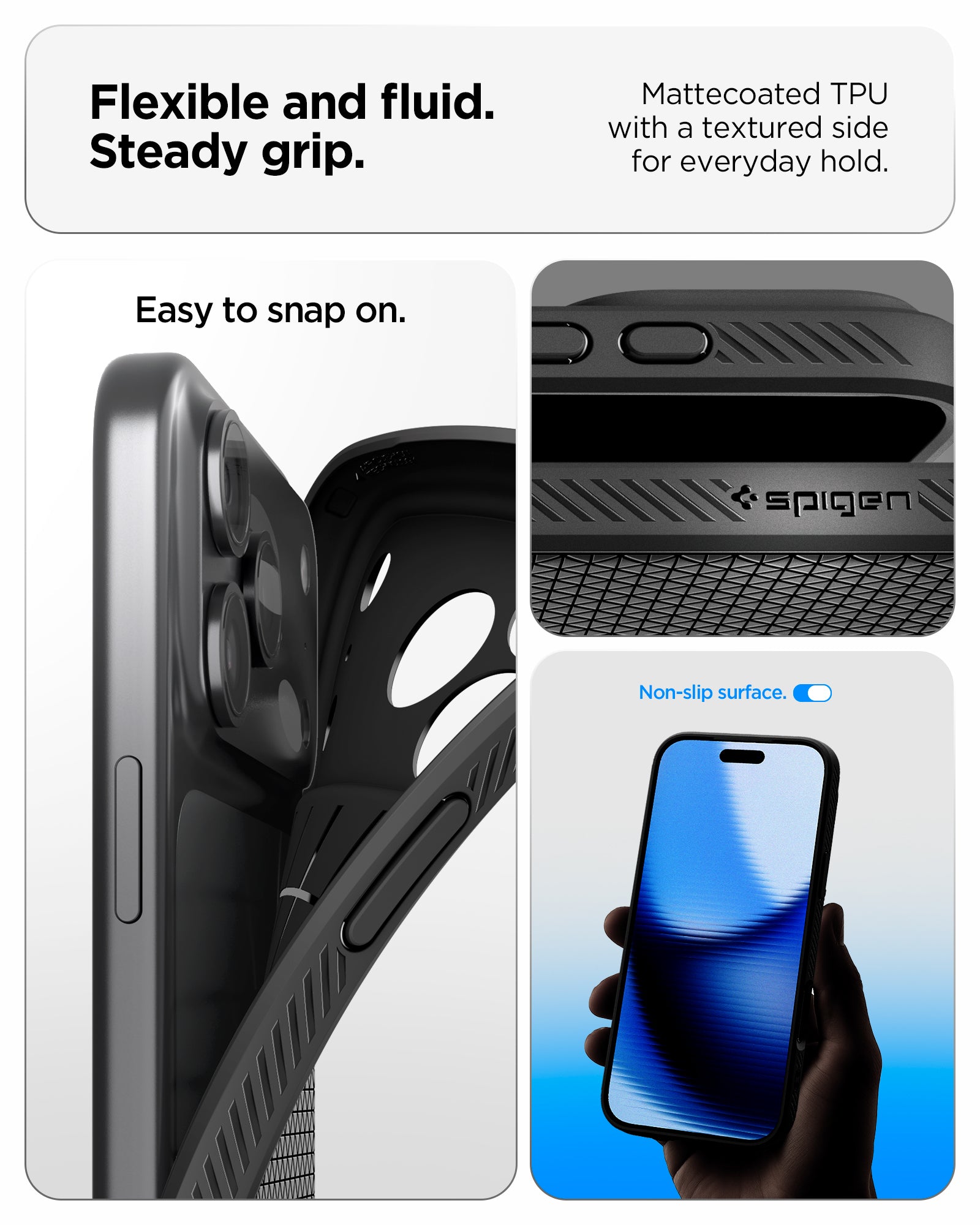 ACS09942 - iPhone 17 Pro Liquid Air in Matte Black showing flexible and fluid steady grip. mattecoated TPU with a textured side for everyday hold.