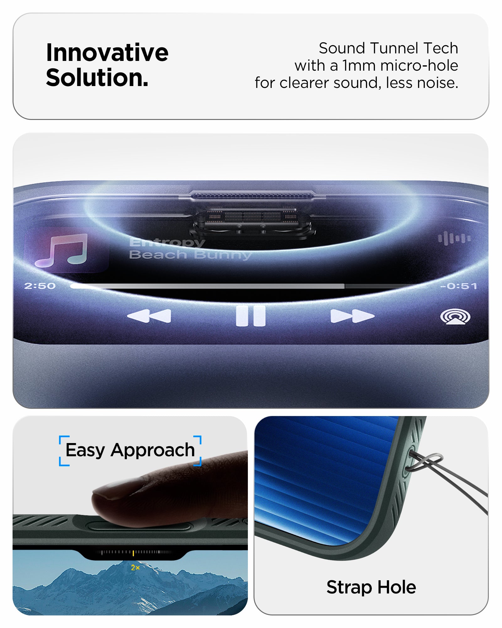 ACS09944 - iPhone 17 Pro Liquid Air in Abyss Green showing innovative solution. sound tunnel tech with a 1mm micro hole for cleaner sound, less noise.