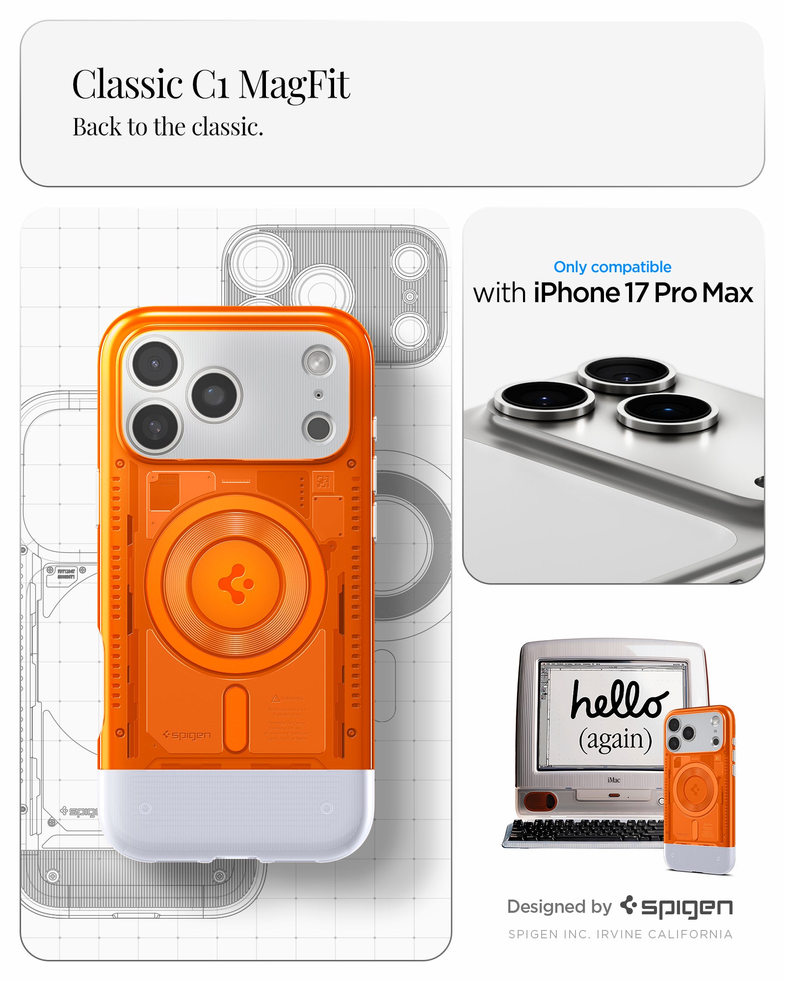 ACS09910 - iPhone 17 Pro Max Case Classic C1 (MagFit) in tangerine showing classic C1 magfit. Back to the classic. designed by spigen.