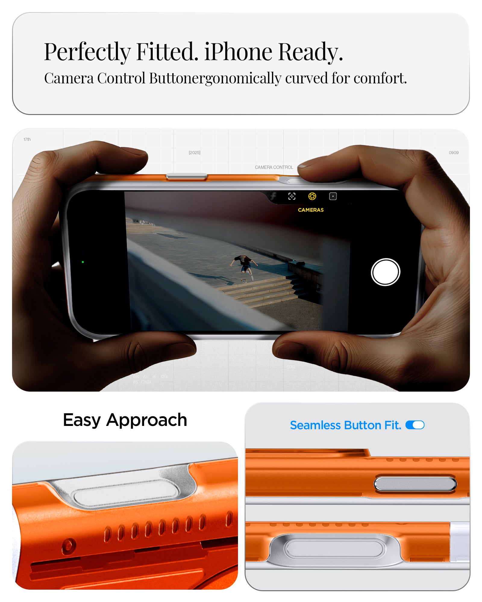 ACS09910 - iPhone 17 Pro Max Case Classic C1 (MagFit) in tangerine showing perfectly fitted. iPhone ready. camera control button ergonomically curved for comfort. easy approach. seamless button fit.