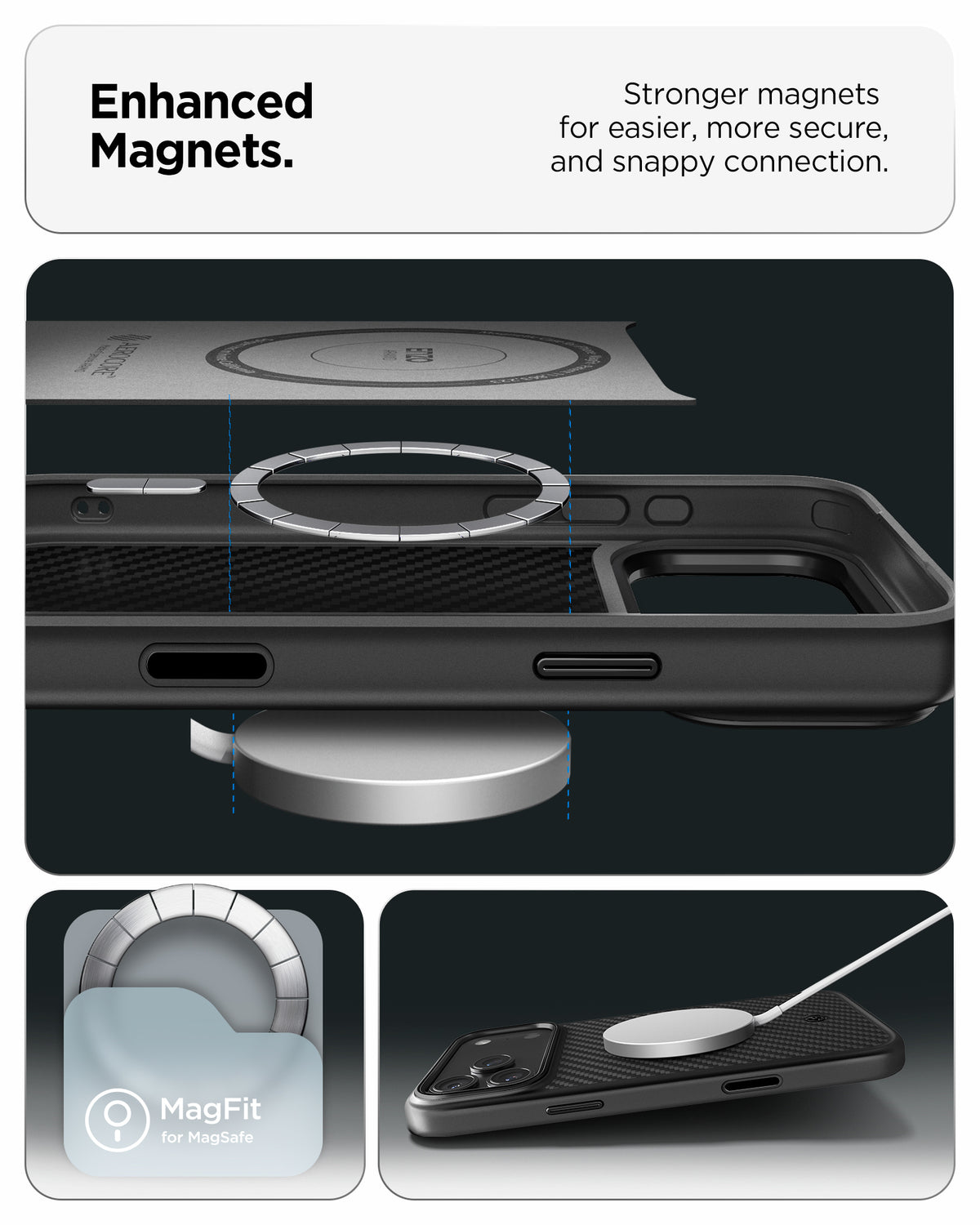 ACS09906CA - iPhone 18 Pro Max / iPhone 17 Pro Max Enzo Aramid T (Mag Fit) Black Black showing enhanced magnets designed for a secure and easy magnetic connection