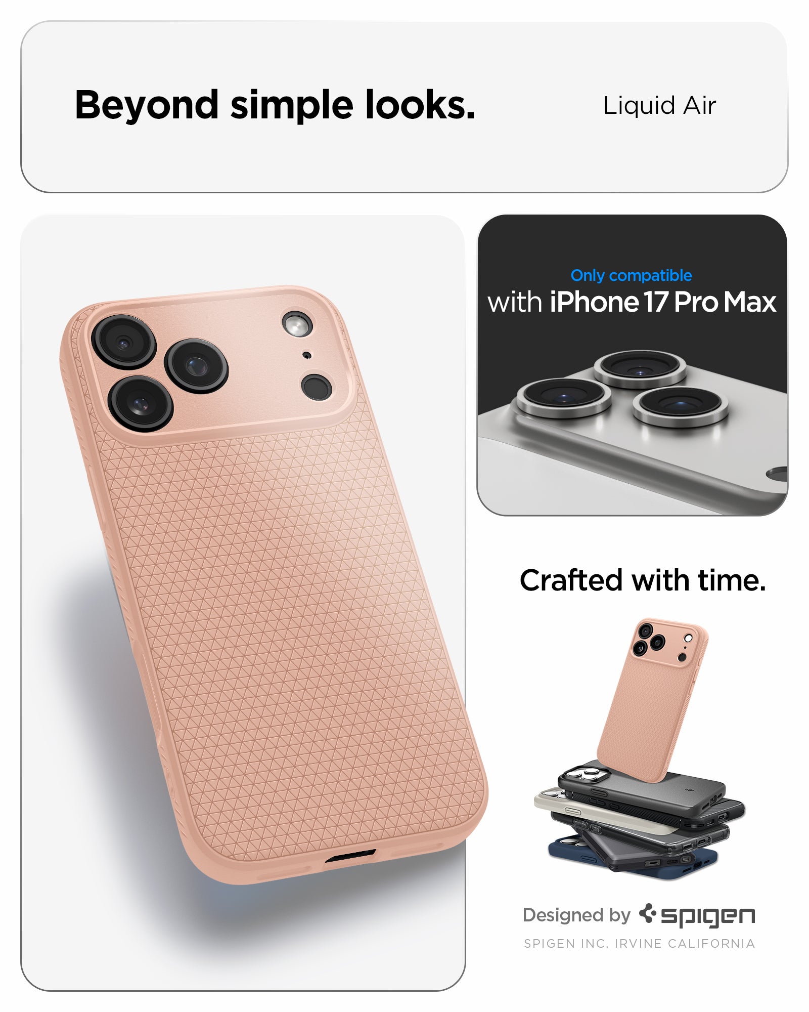 ACS09892 - iPhone 17 Pro Max Liquid Air in Rose Titanium showing beyond simple looks. liquid air. designed by spigen.