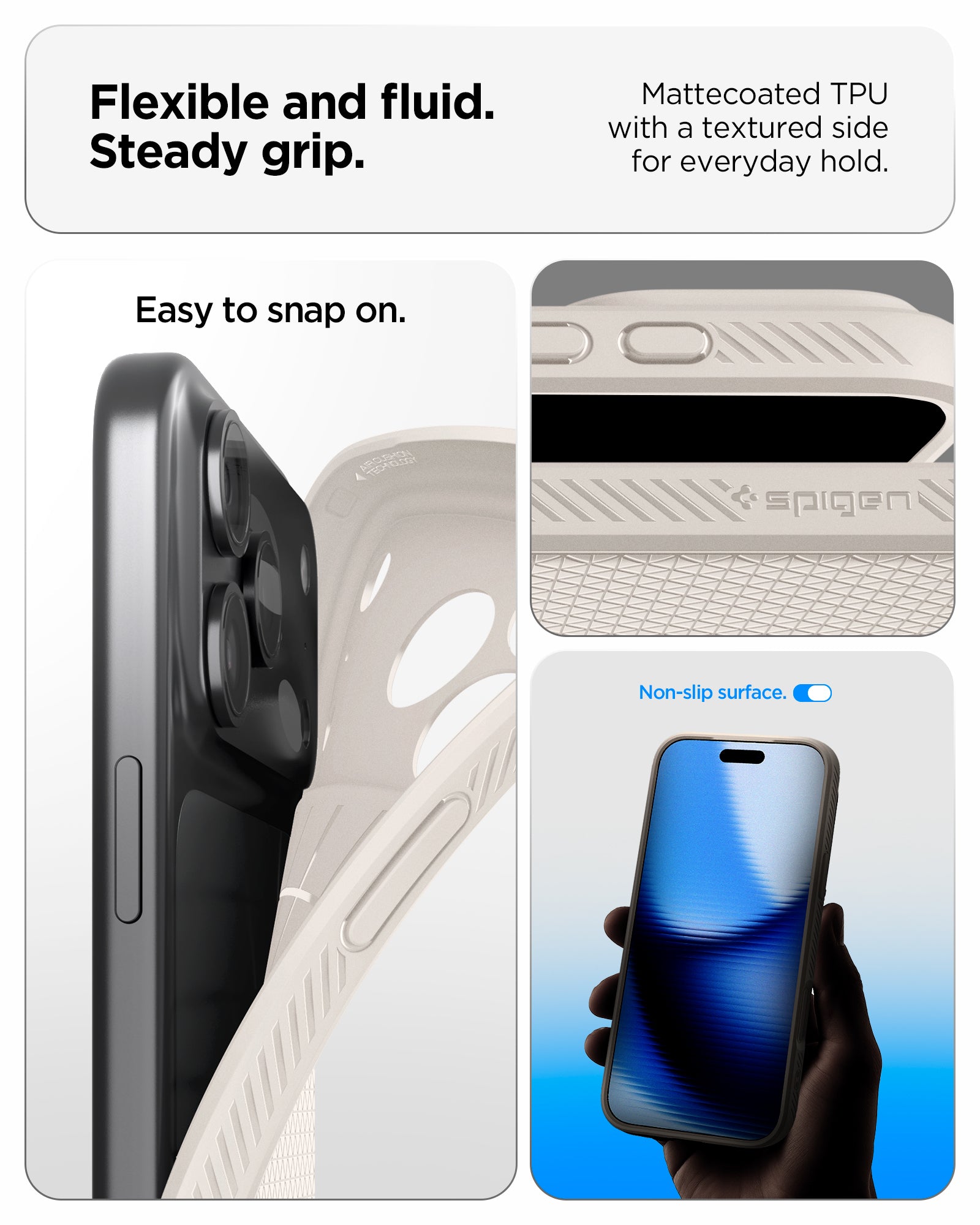 ACS09891 - iPhone 17 Pro Max Liquid Air in Natural Titanium showing flexible and fluid steady grip. mattecoated TPU with a textured side for everyday hold.