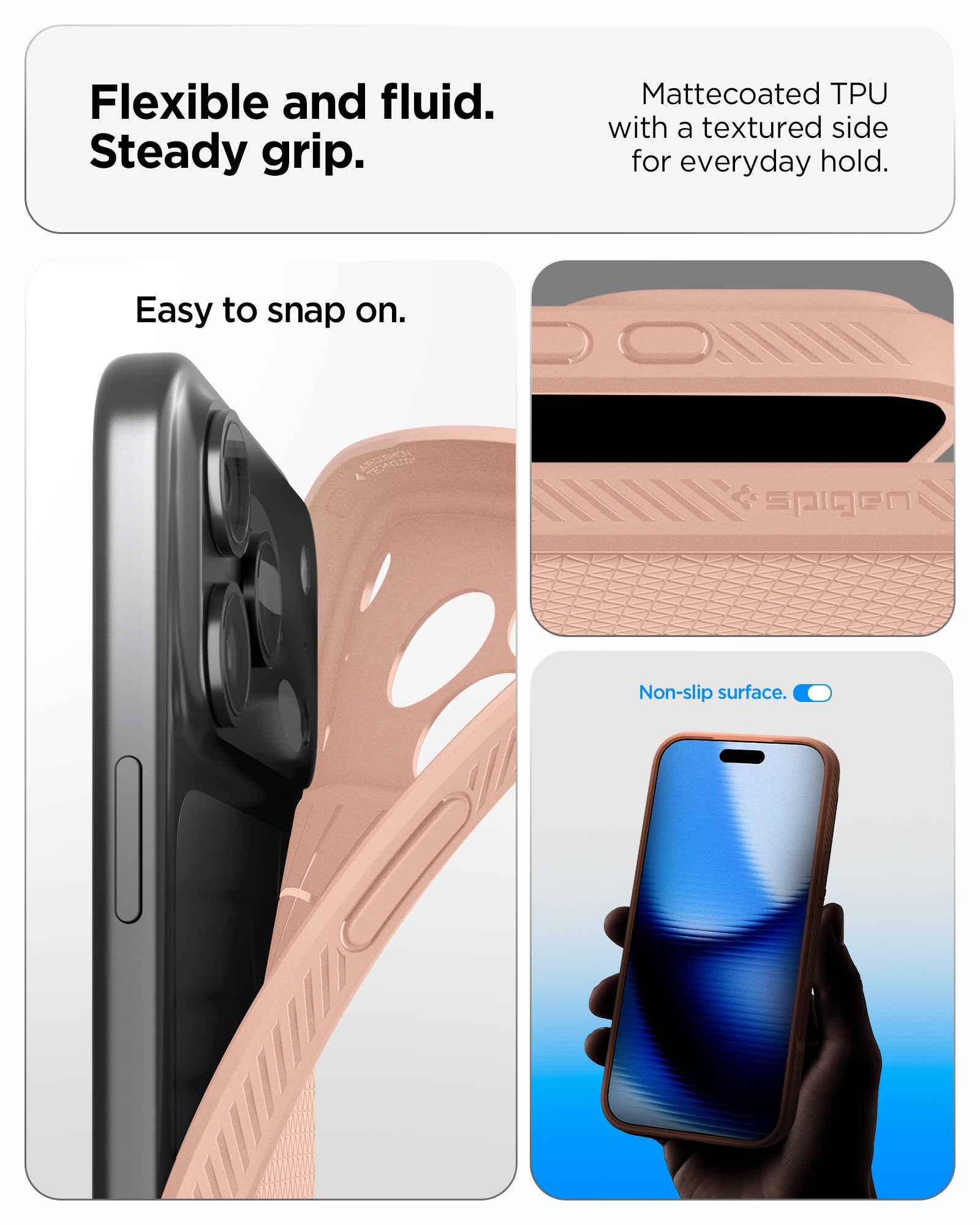 ACS09892 - iPhone 17 Pro Max Liquid Air in Rose Titanium showing flexible and fluid steady grip. mattecoated TPU with a textured side for everyday hold.