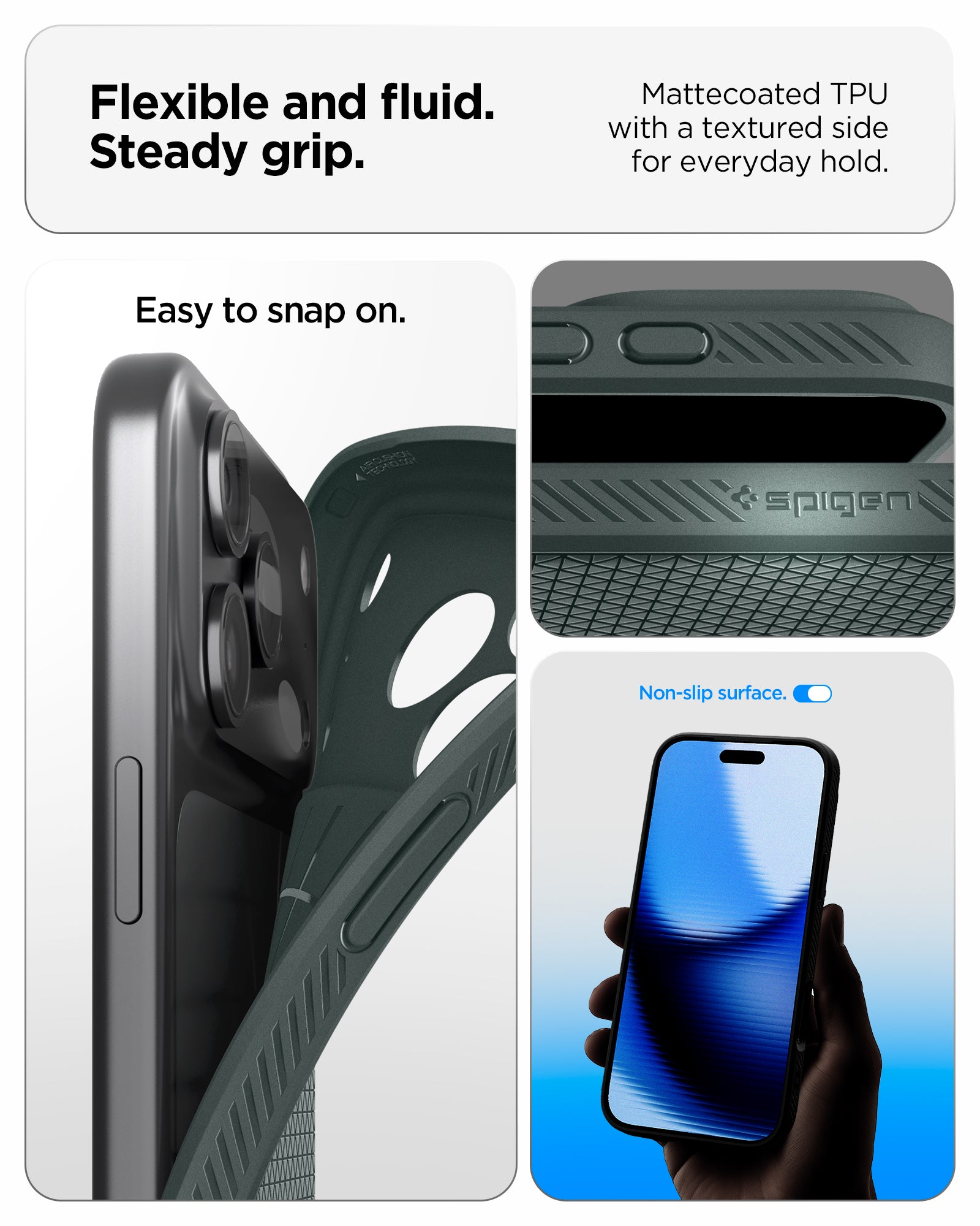 ACS09890 - iPhone 17 Pro Max Liquid Air in Abyss Green showing flexible and fluid steady grip. mattecoated TPU with a textured side for everyday hold.