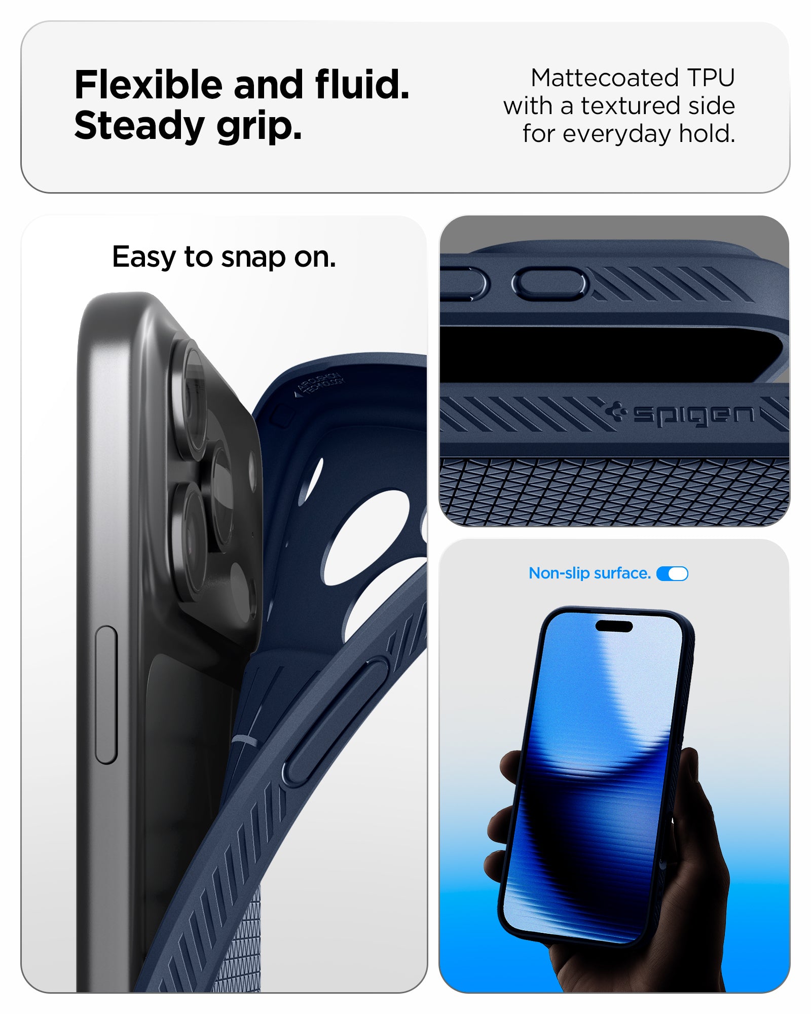 ACS09889 - iPhone 17 Pro Max Liquid Air in Navy Blue showing flexible and fluid steady grip. mattecoated TPU with a textured side for everyday hold.