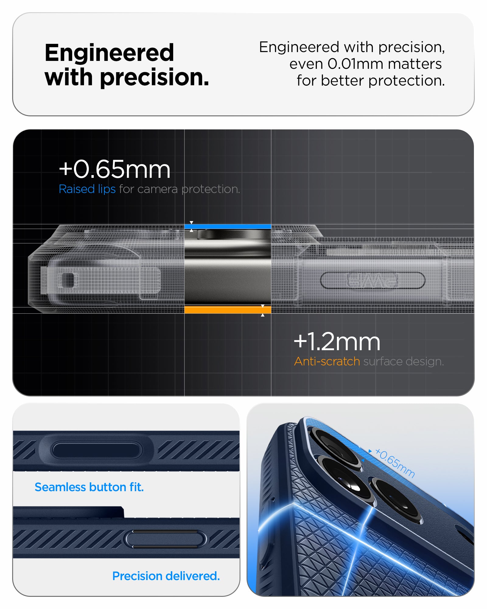 ACS09889 - iPhone 17 Pro Max Liquid Air in Navy Blue showing engineered with precision. even 0.01mm matters for better protection. seamless button fit. precision delivered.