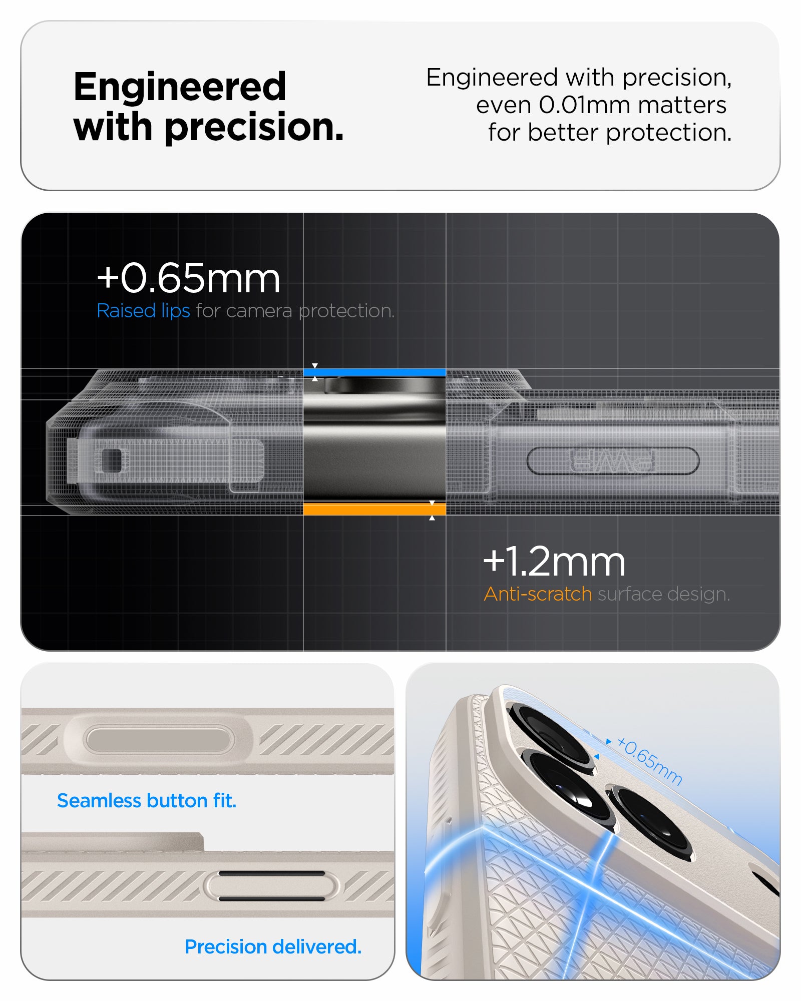 ACS09891 - iPhone 17 Pro Max Liquid Air in Natural Titanium showing engineered with precision. even 0.01mm matters for better protection. seamless button fit. precision delivered.