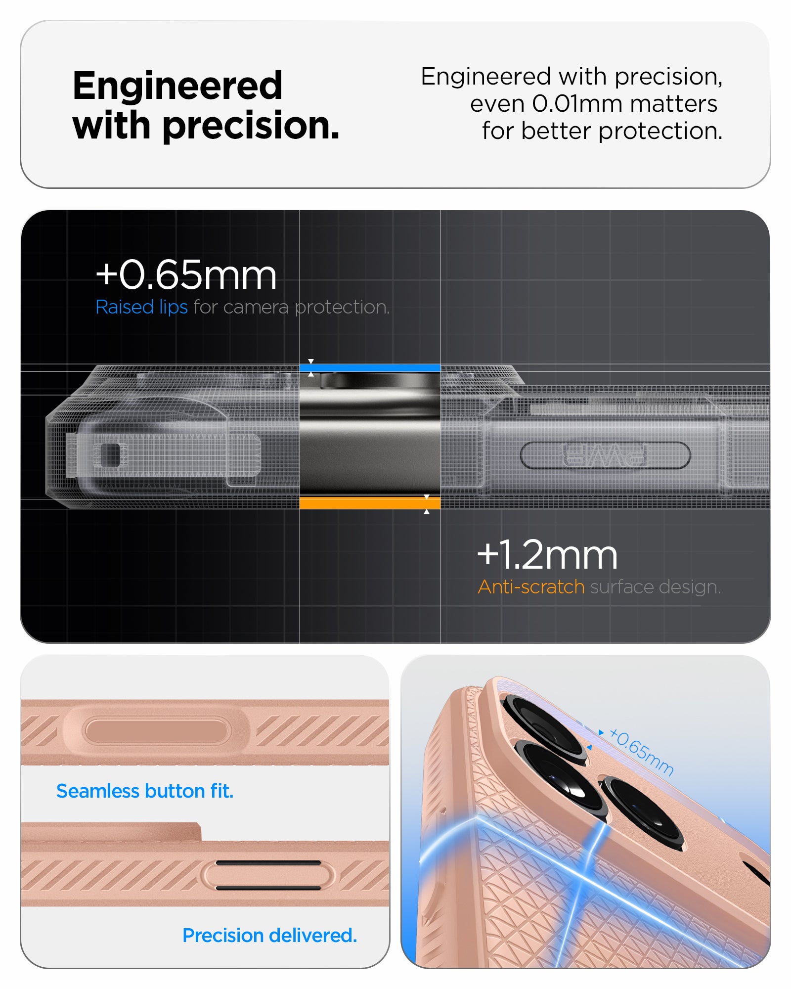 ACS09892 - iPhone 17 Pro Max Liquid Air in Rose Titanium showing engineered with precision. even 0.01mm matters for better protection. seamless button fit. precision delivered.