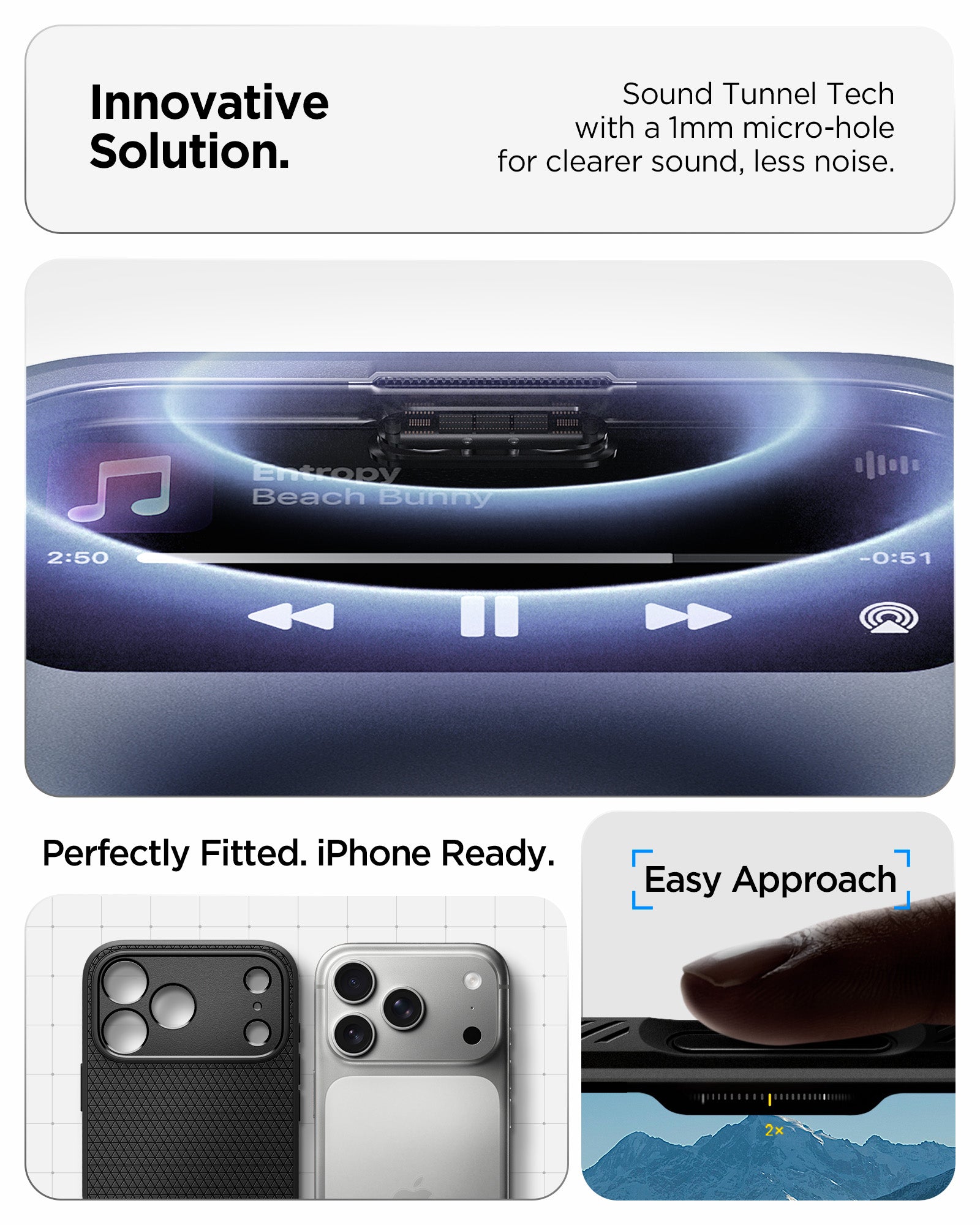 ACS09888 - iPhone 17 Pro Max Liquid Air in Matte Black showing innovative solution. sound tunnel tech with a 1mm micro hole for cleaner sound, less noise.