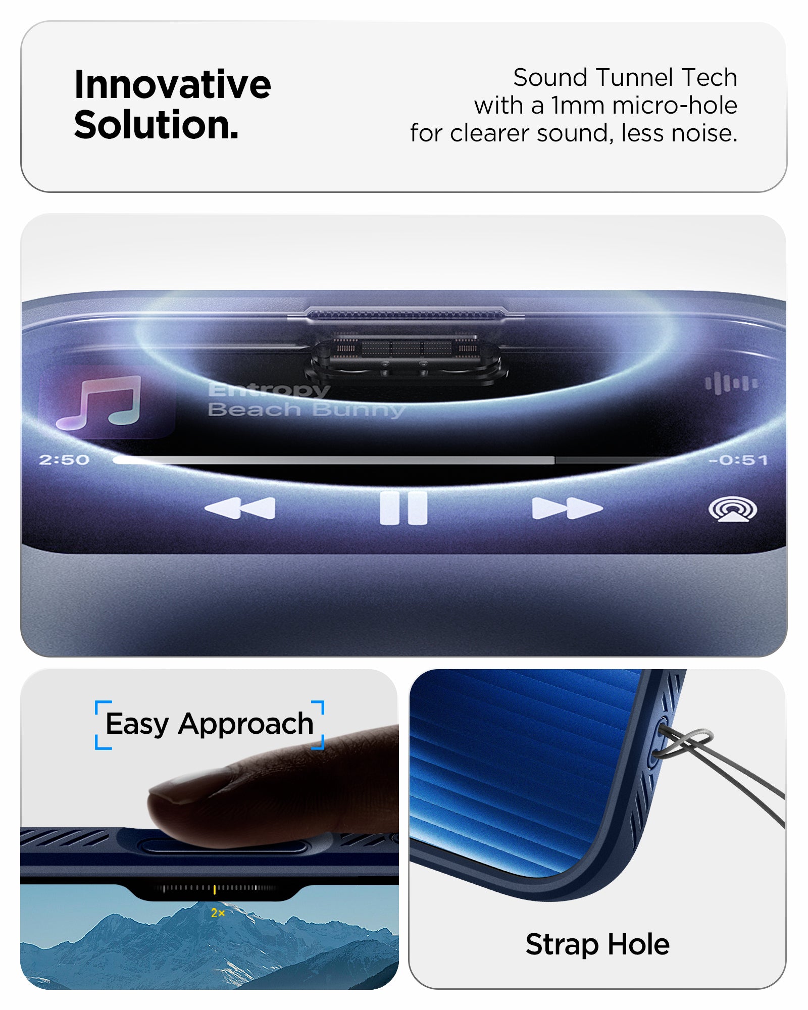 ACS09889 - iPhone 17 Pro Max Liquid Air in Navy Blue showing innovative solution. sound tunnel tech with a 1mm micro hole for cleaner sound, less noise.