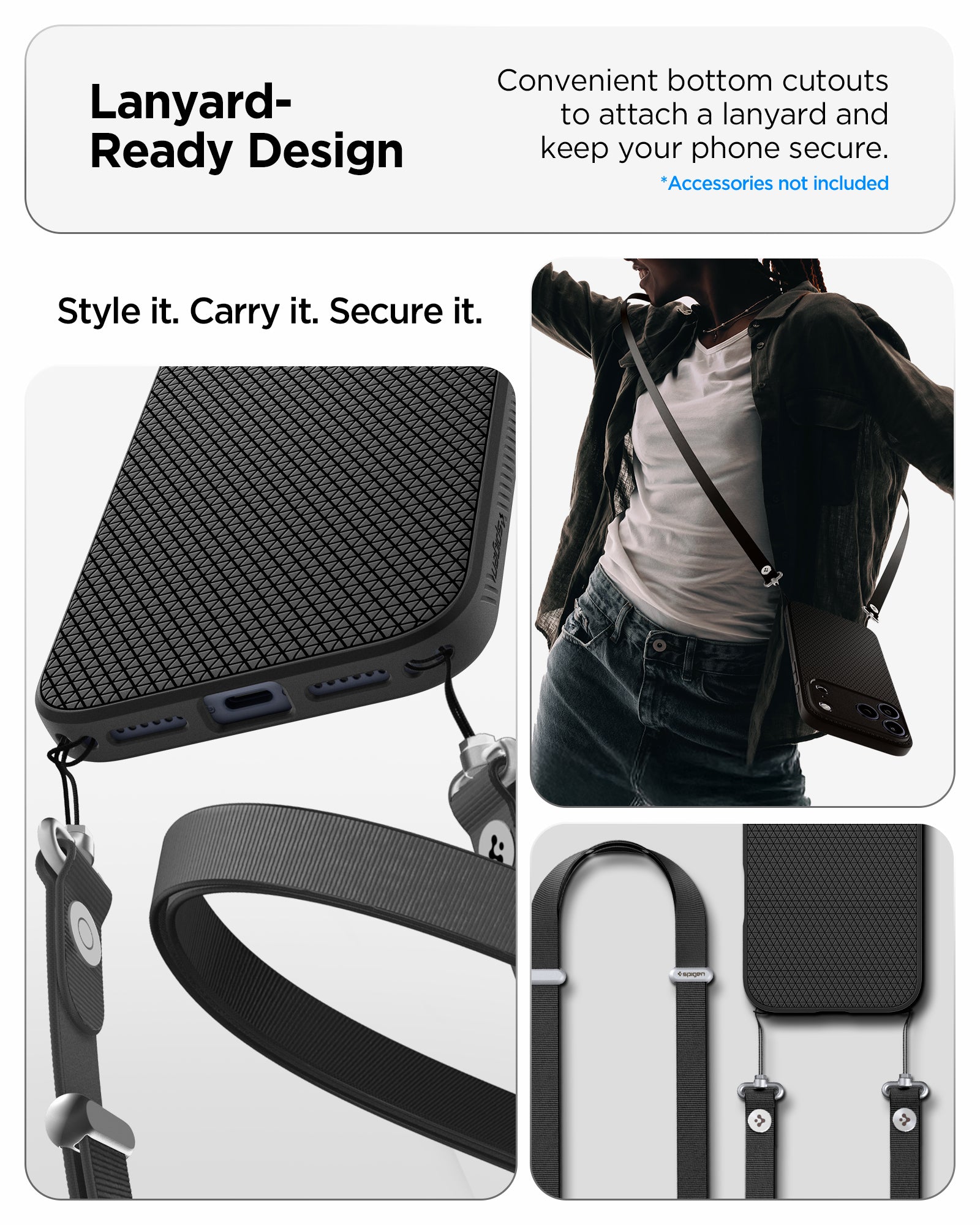 ACS09888 - iPhone 17 Pro Max Liquid Air in Matte Black showing lanyard ready design. convenient bottom cutouts to attach a lanyard and keep you phone secure. style it, carry it, secure it