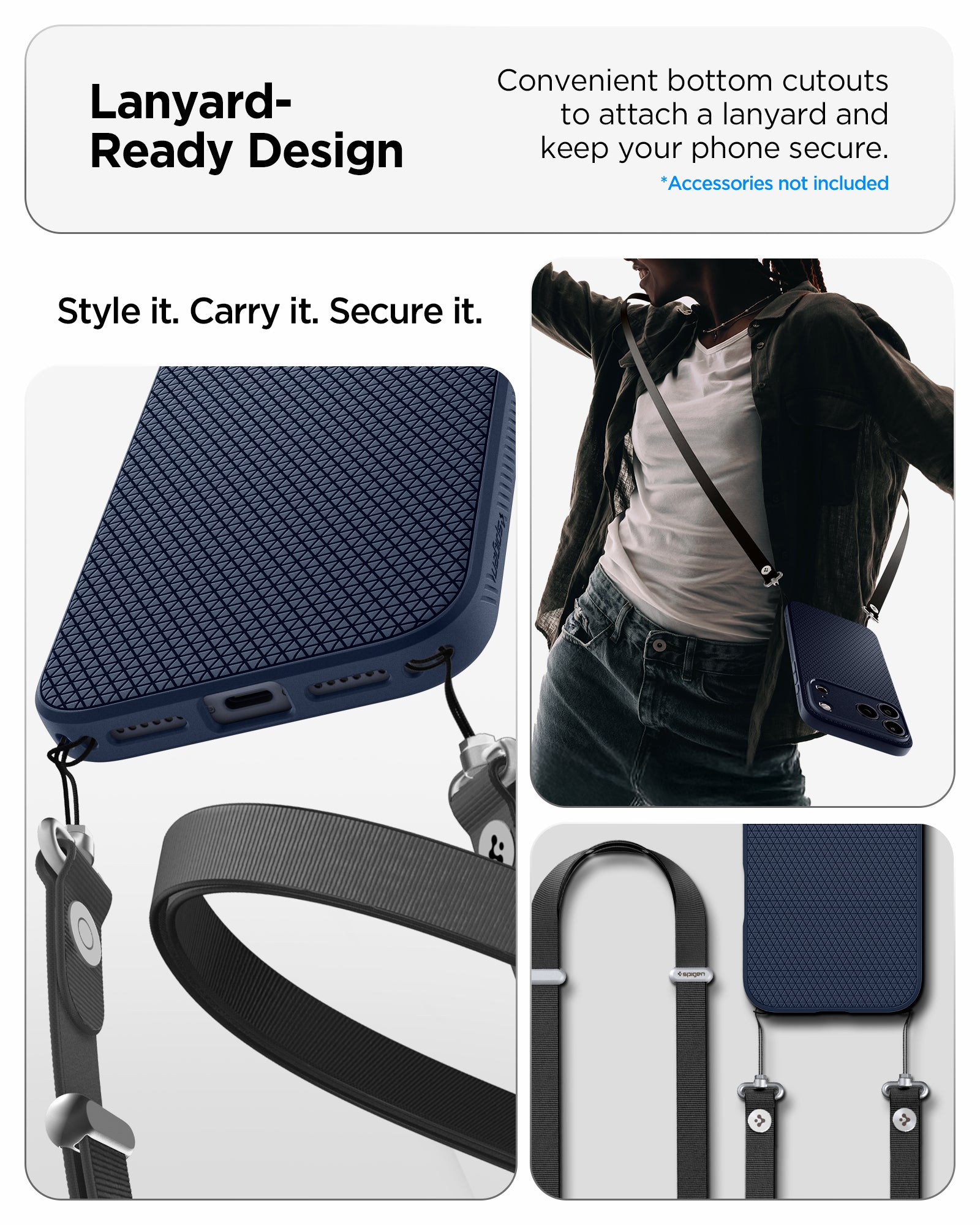 ACS09943 - iPhone 17 Pro Liquid Air in Navy Blue showing lanyard ready design. convenient bottom cutouts to attach a lanyard and keep your phone secure