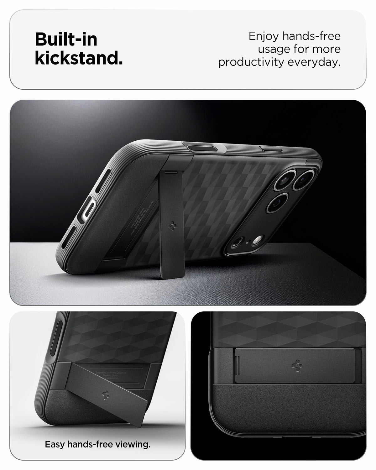 ACS09911CB - iPhone 18 Pro Max / iPhone 17 Pro Max Parallax S (Mag Fit) in Matte Black showing the built in kickstand. Enjoy hands free usage for more productivity everyday