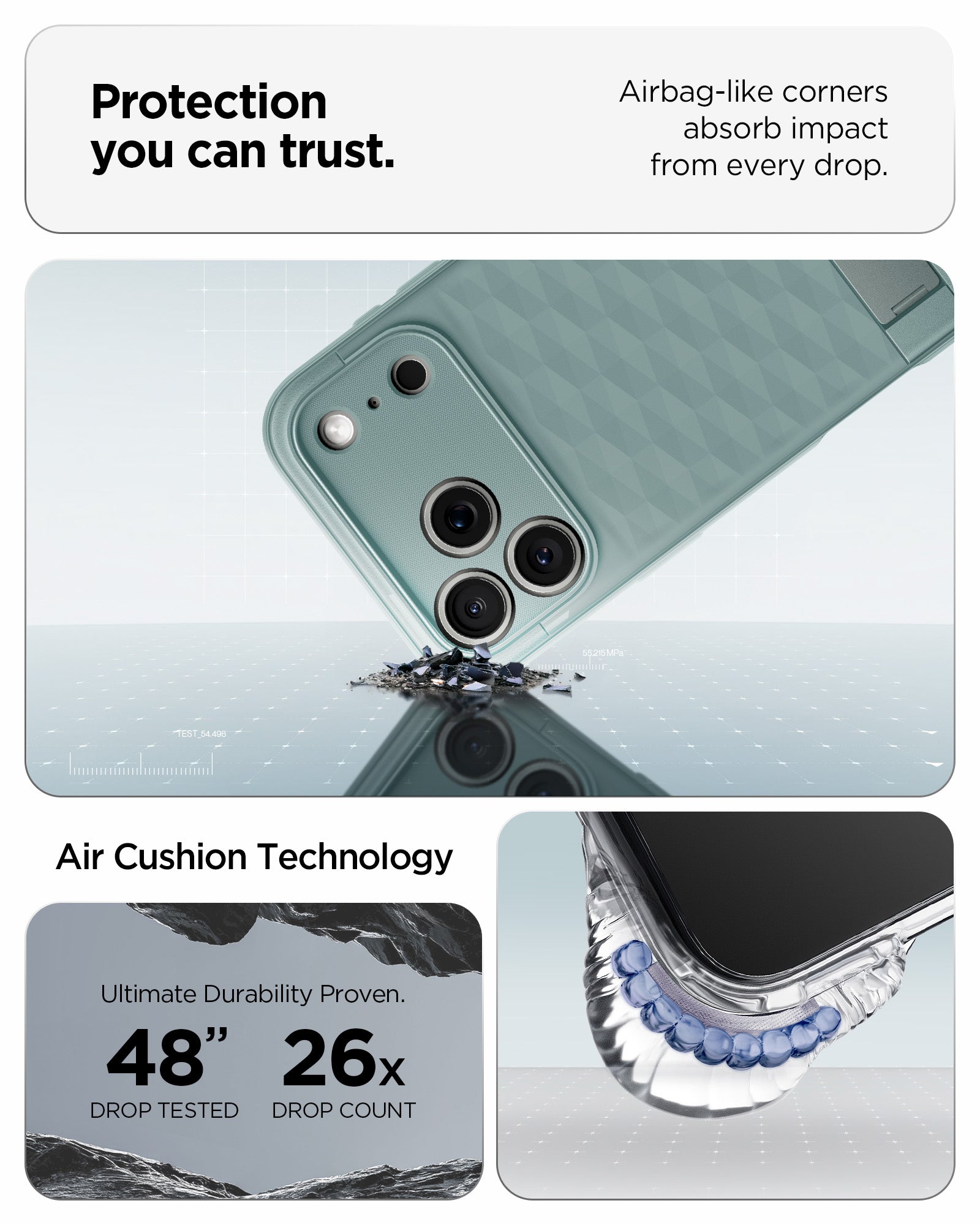 ACS09912 - iPhone 17 Pro Max Series Case Parallax S (MagFit) in green showing the protection you can trust. Airbag-like corners absorb impact from every drop