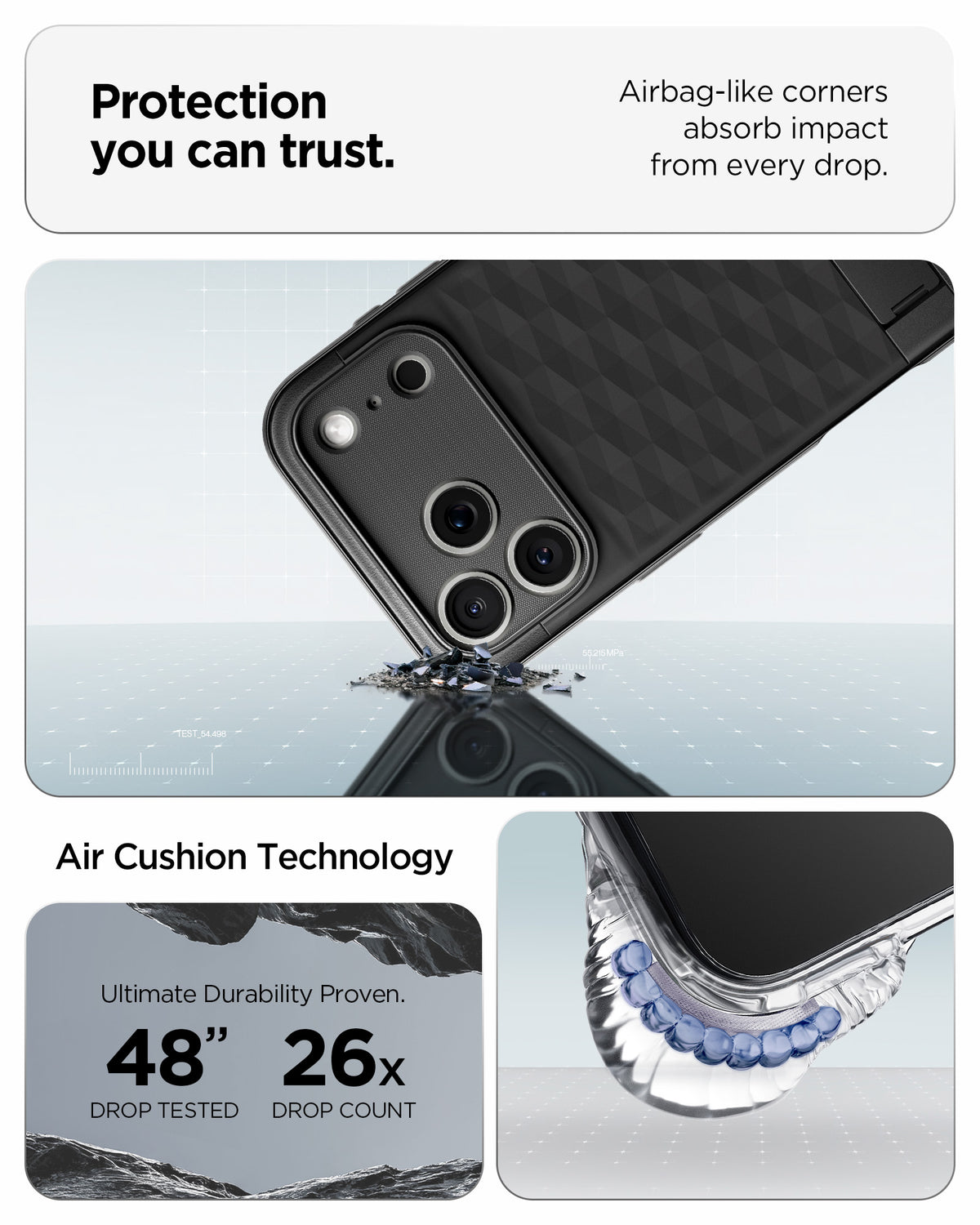 ACS09911CB - iPhone 18 Pro Max / iPhone 17 Pro Max Parallax S (Mag Fit) in Matte Black showing the protection you can trust. Airbag-like corners absorb impact from every drop