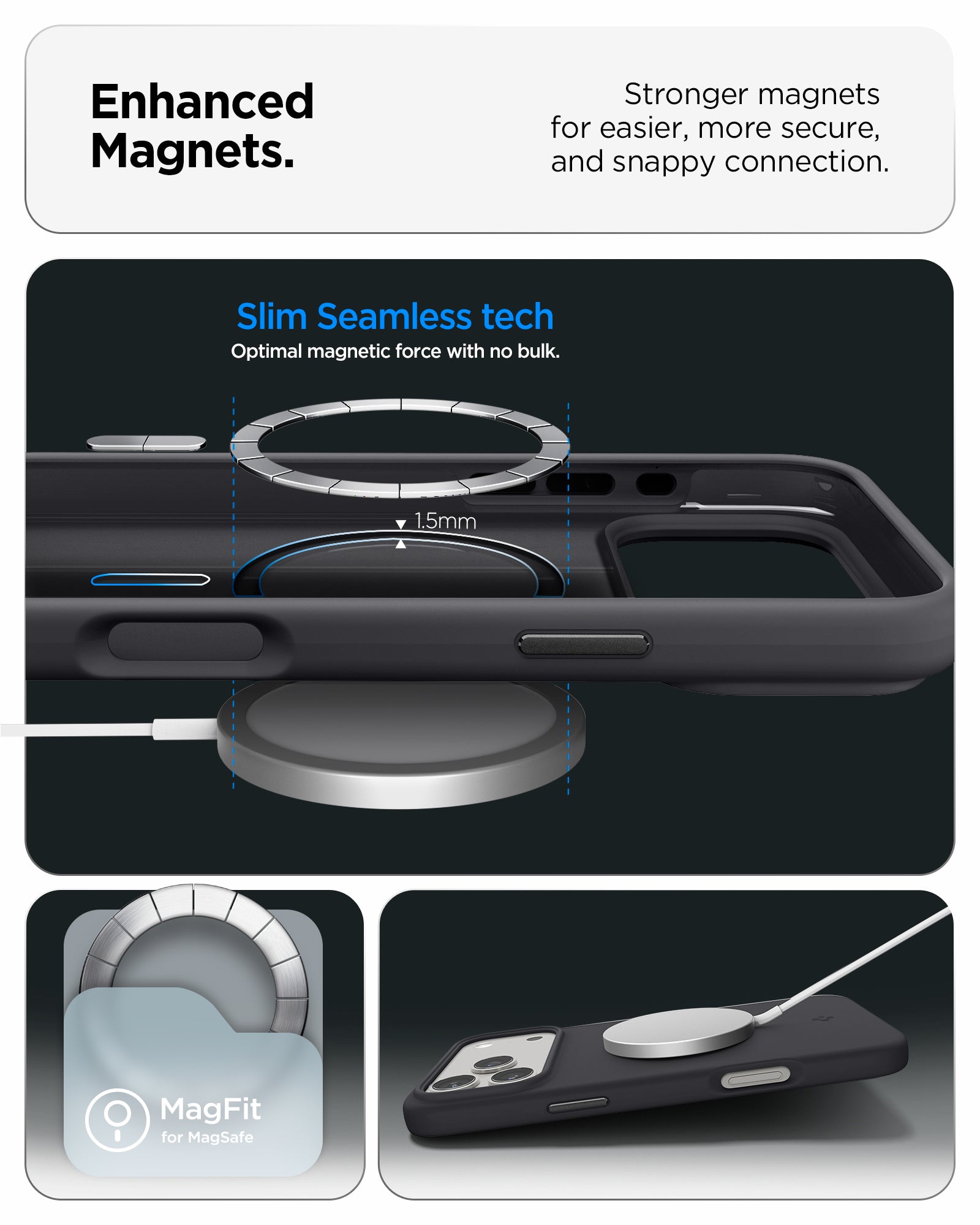 ACS09902 - iPhone 17 Pro Max Silicone Fit (MagFit) Case in black showing enhanced magnets. stronger magnets for easier more secure and snappy connection.
