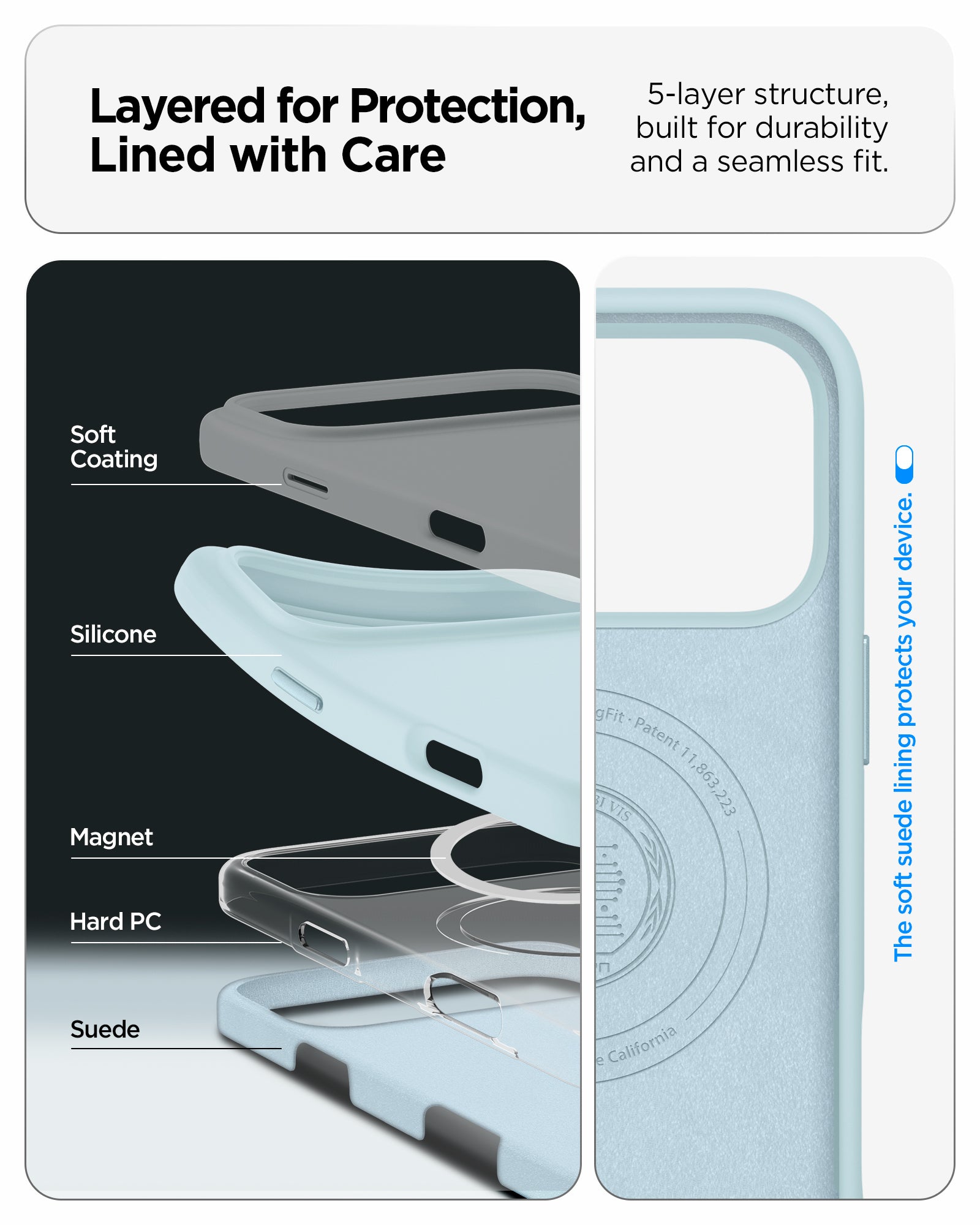 ACS10048 - iPhone 17 Pro Max Silicone Fit (MagFit) Case in blue showing layered for protection, lined with care. 5 layer structure built for durability and a seamless fit