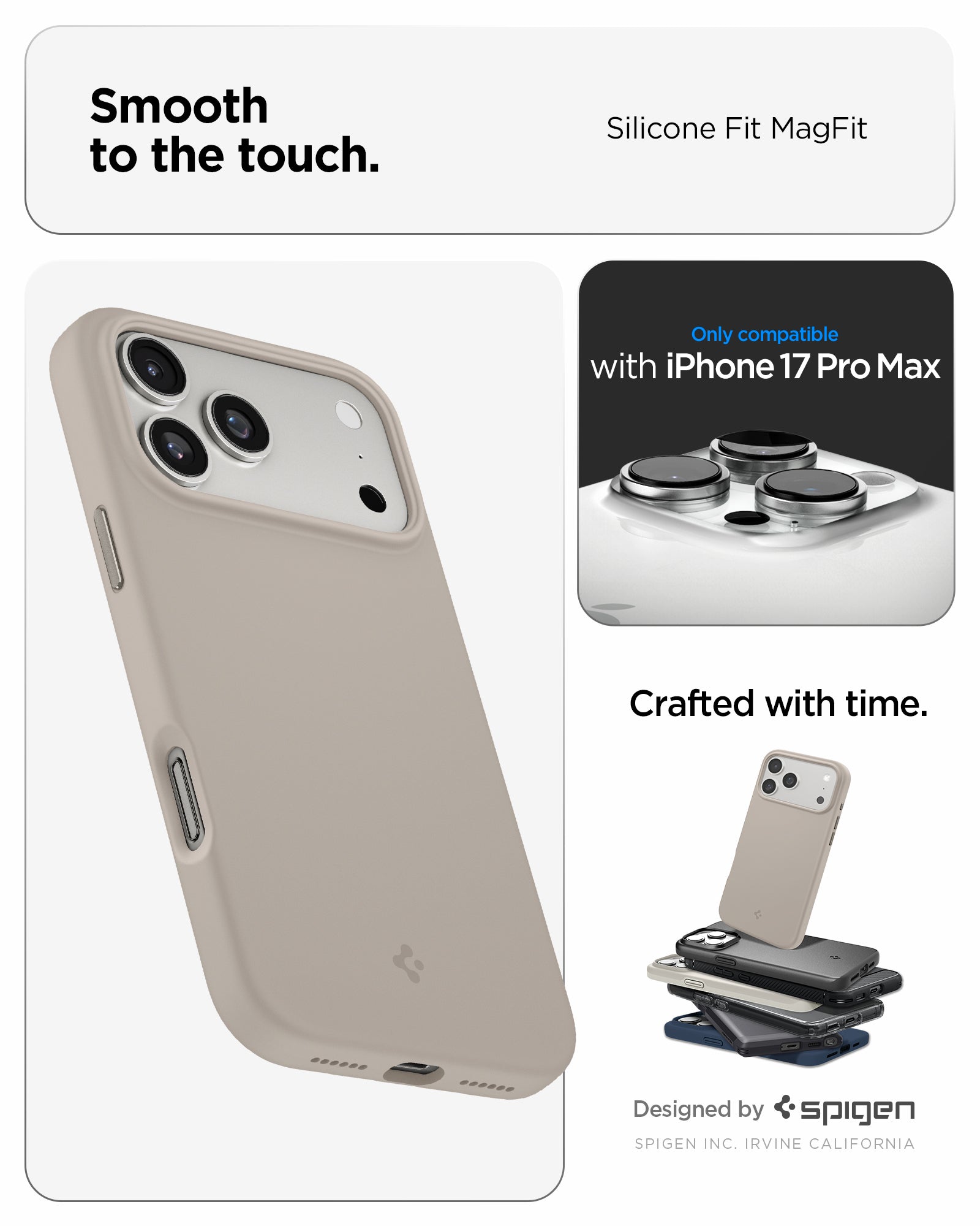ACS09904 - iPhone 17 Pro Max Silicone Fit (MagFit) Case in stone showing smooth to the touch. designed by spigen.