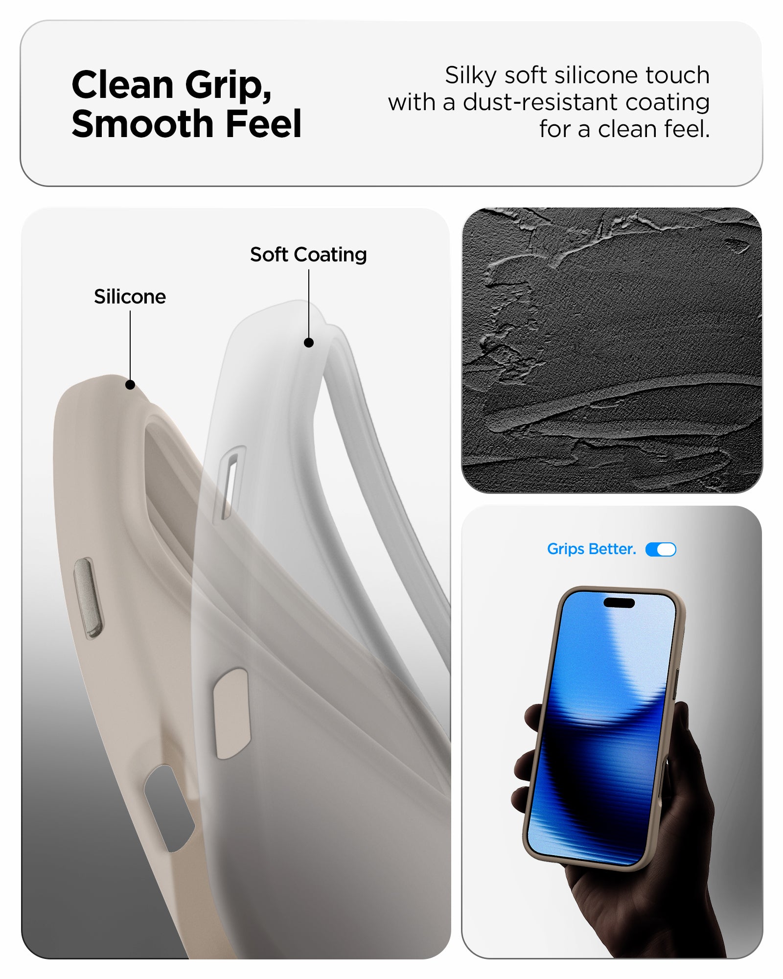 ACS09904 - iPhone 17 Pro Max Silicone Fit (MagFit) Case in stone showing clean grip, smooth feel, silky soft silicone touch with a dust resistant coating for a clean feel.