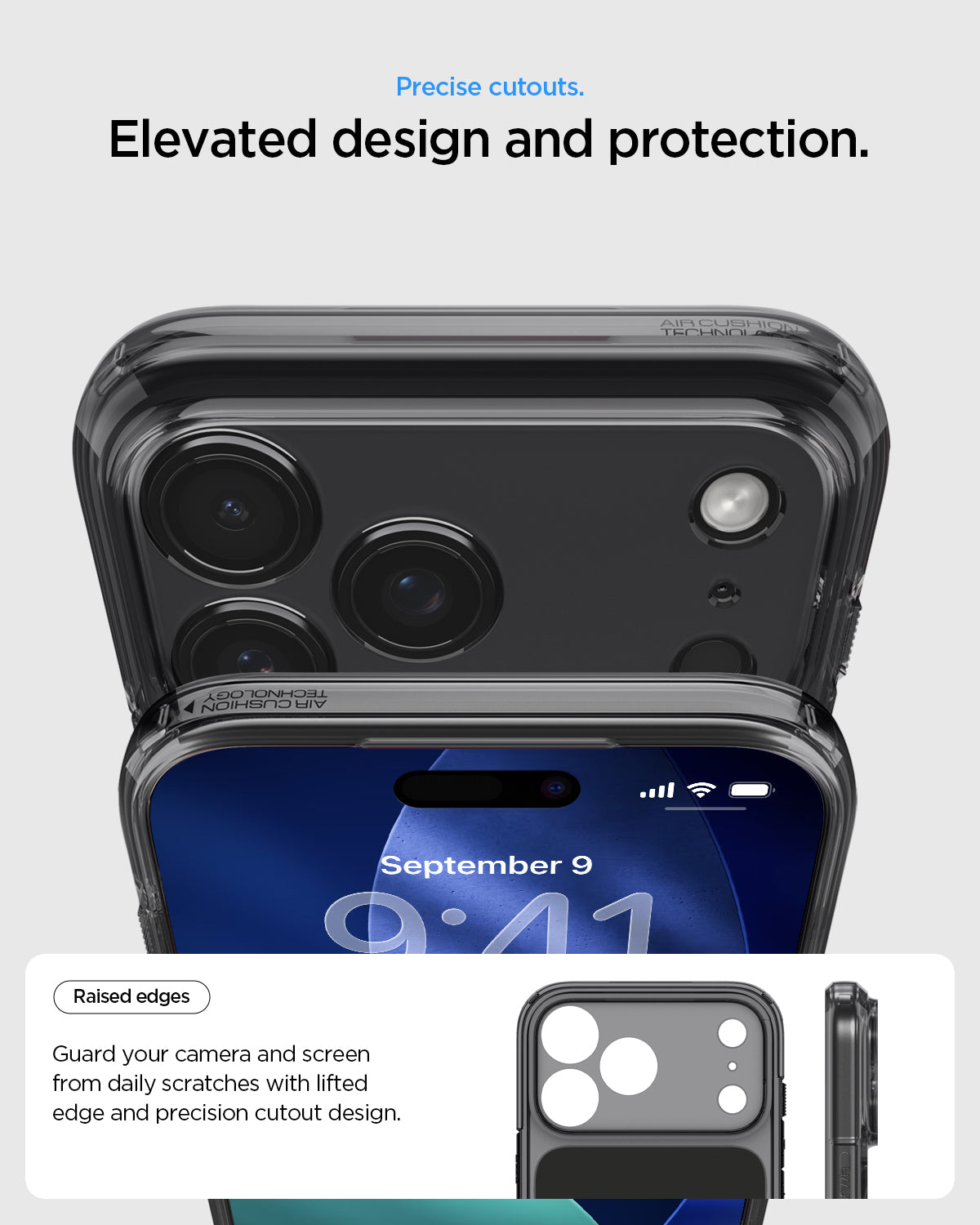 ACS10047 - iPhone 17 Pro Max Ultra Hybrid T (MagFit) in Matte Black showing precise cutouts. elevated design and protection. Raised edges. Guard your camera and screen from daily scratches with lifted edge and precision cutout design.