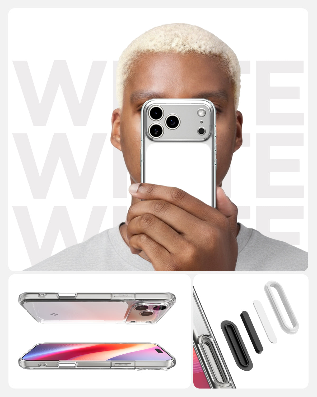 ACS10046 - iPhone 17 Pro Max Ultra Hybrid T (MagFit) in Glossy White showing white letter and person holding Ultra Hybrid T (MagFit) in Glossy White