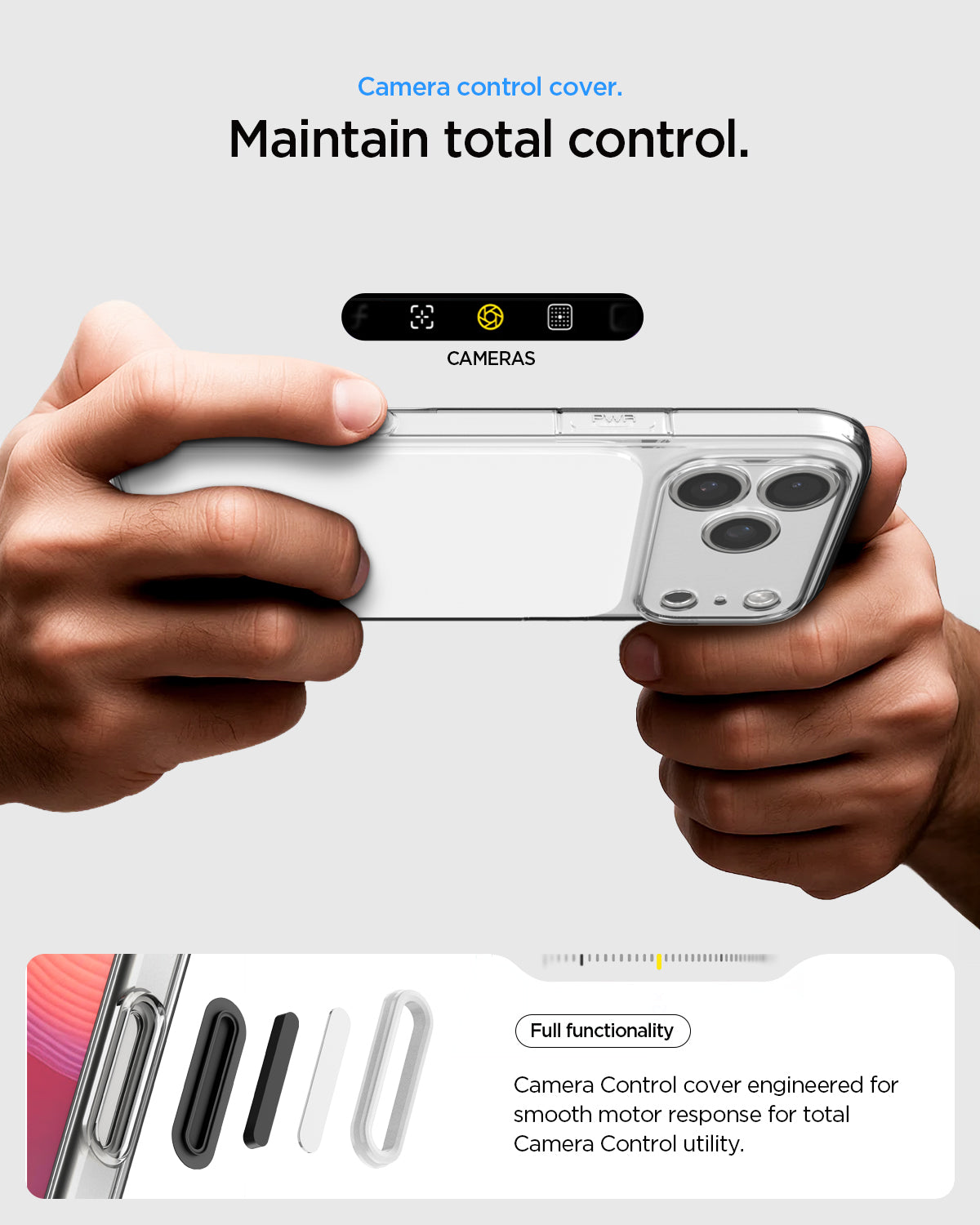 ACS10046 - iPhone 17 Pro Max Ultra Hybrid T (MagFit) in Glossy White showing camera control cover. Maintain total control. full functionality. camera control cover engineered for smooth motor response for total camera control utility.