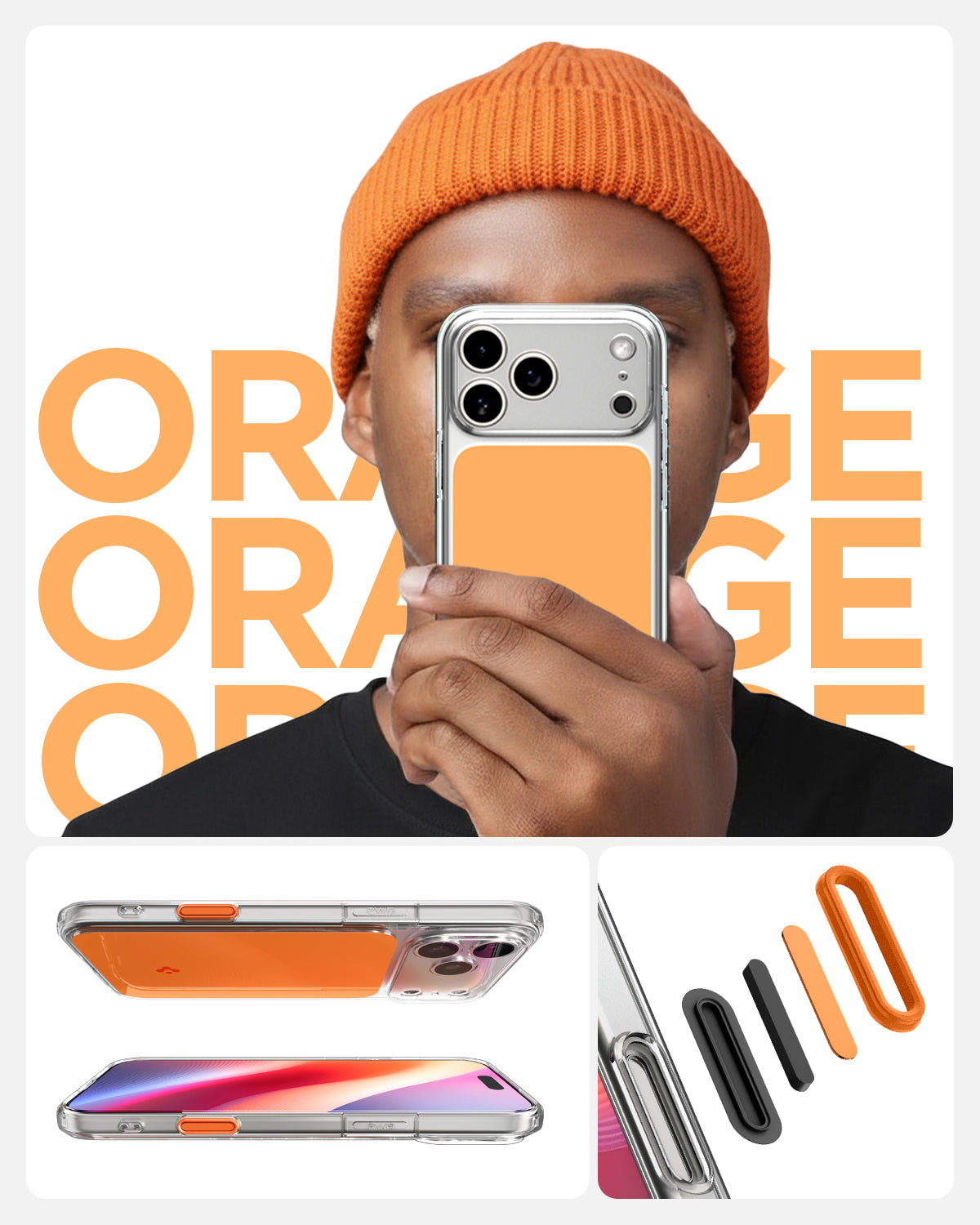 ACS10468 - iPhone 17 Pro Max Ultra Hybrid T (MagFit) in Glossy Orange showing Orange letter and person holding Ultra Hybrid T (MagFit) in Glossy Orange