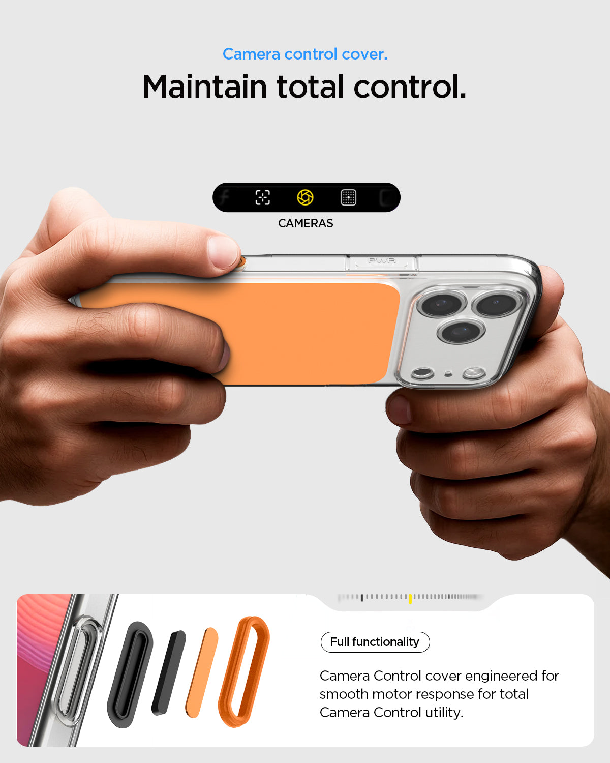 ACS10468 - iPhone 17 Pro Max Ultra Hybrid T (MagFit) in Glossy Orange showing camera control cover. Maintain total control. full functionality. camera control cover engineered for smooth motor response for total camera control utility.