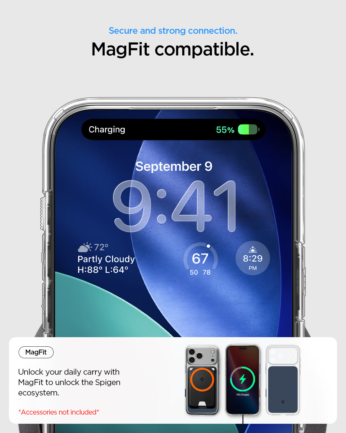ACS10467 - iPhone 17 Pro Max Ultra Hybrid T (MagFit) in Matte Blue showing secure and strong connection. Magfit compatible. unlock your daily carry with magfit to unlock the spigen ecosystem