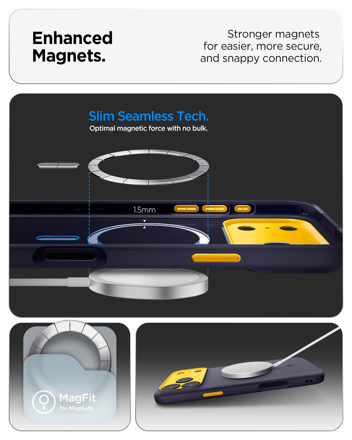 ACS09966CA - iPhone 18 Pro / iPhone 17 Pro Nano Pop (Mag Fit) in Blueberry Navy showing enhanced built-in magnets designed for a secure connection with magnetic charging accessories