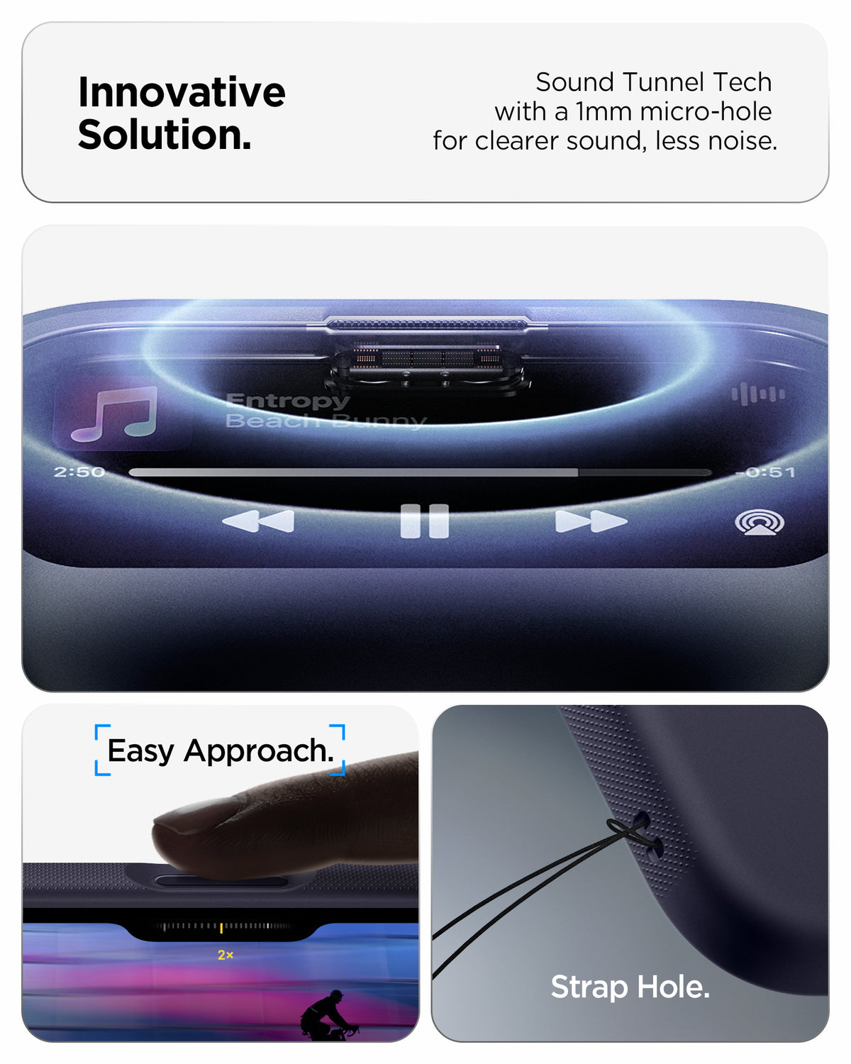 ACS09966CA - iPhone 18 Pro / iPhone 17 Pro Nano Pop (Mag Fit) in Blueberry Navy showing sound tunnel technology, easy button access, and a built-in strap hole for added convenience