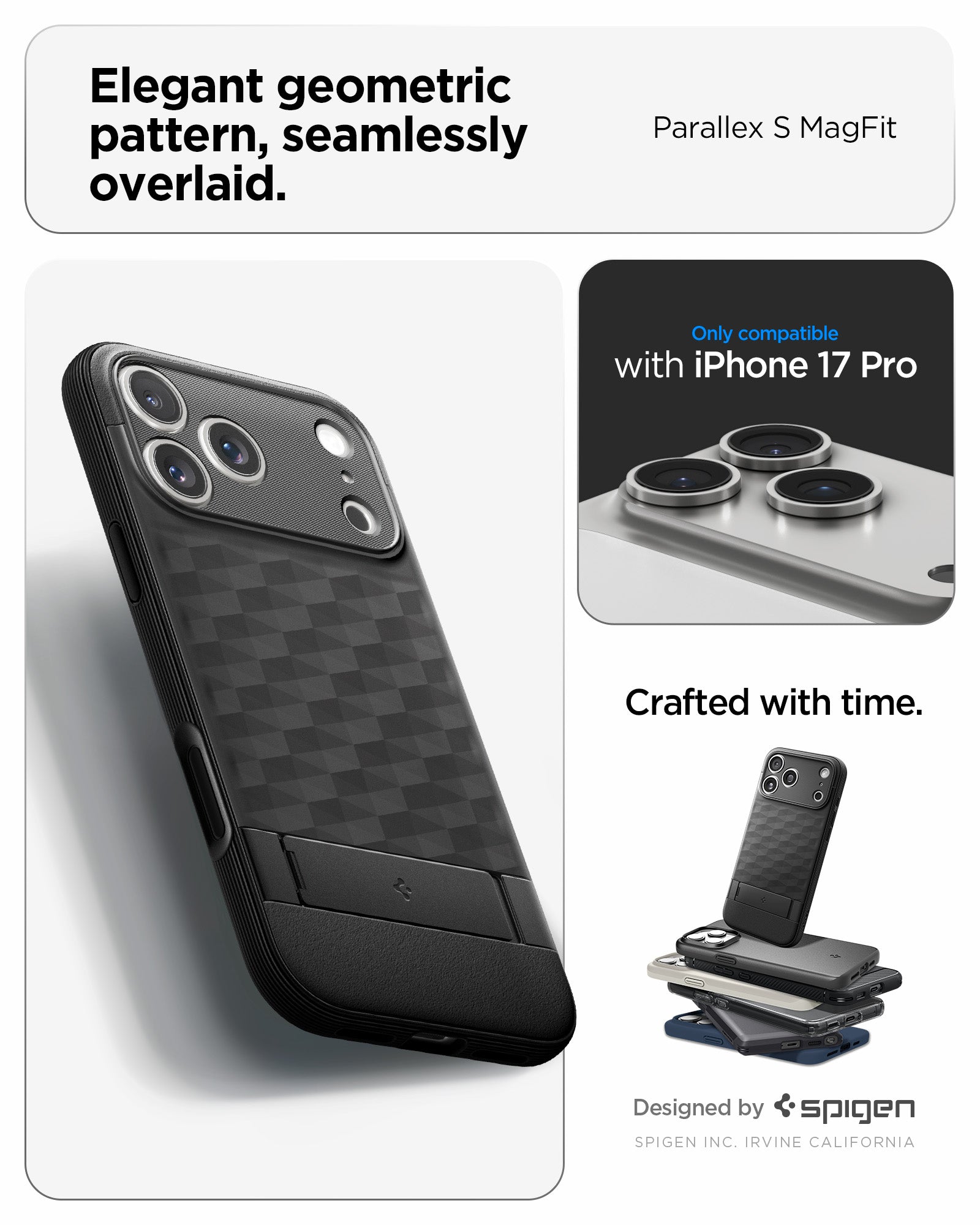 ACS09964 - iPhone 17 Pro Series Case Parallax S (MagFit) in black showing the elegant geometric pattern, seamlessly overlaid.