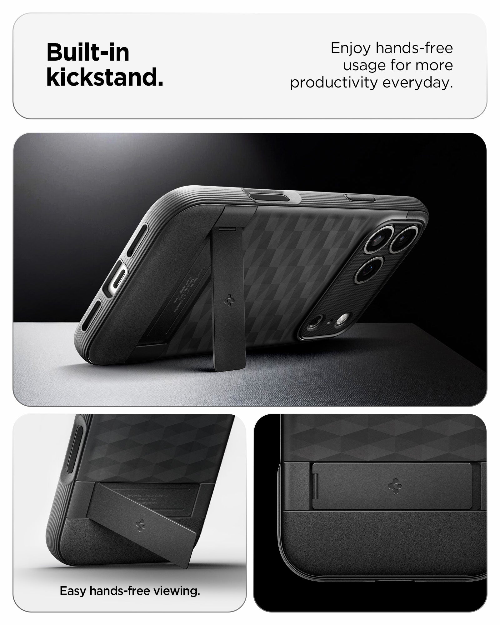 ACS09964 - iPhone 17 Pro Series Case Parallax S (MagFit) in black showing the built in kickstand. Enjoy hands free usage for more productivity everyday