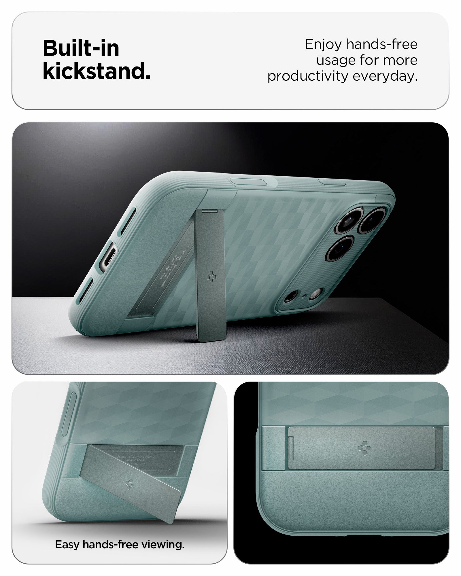 ACS09965 - iPhone 17 Pro Series Case Parallax S (MagFit) in green showing the built in kickstand. Enjoy hands free usage for more productivity everyday
