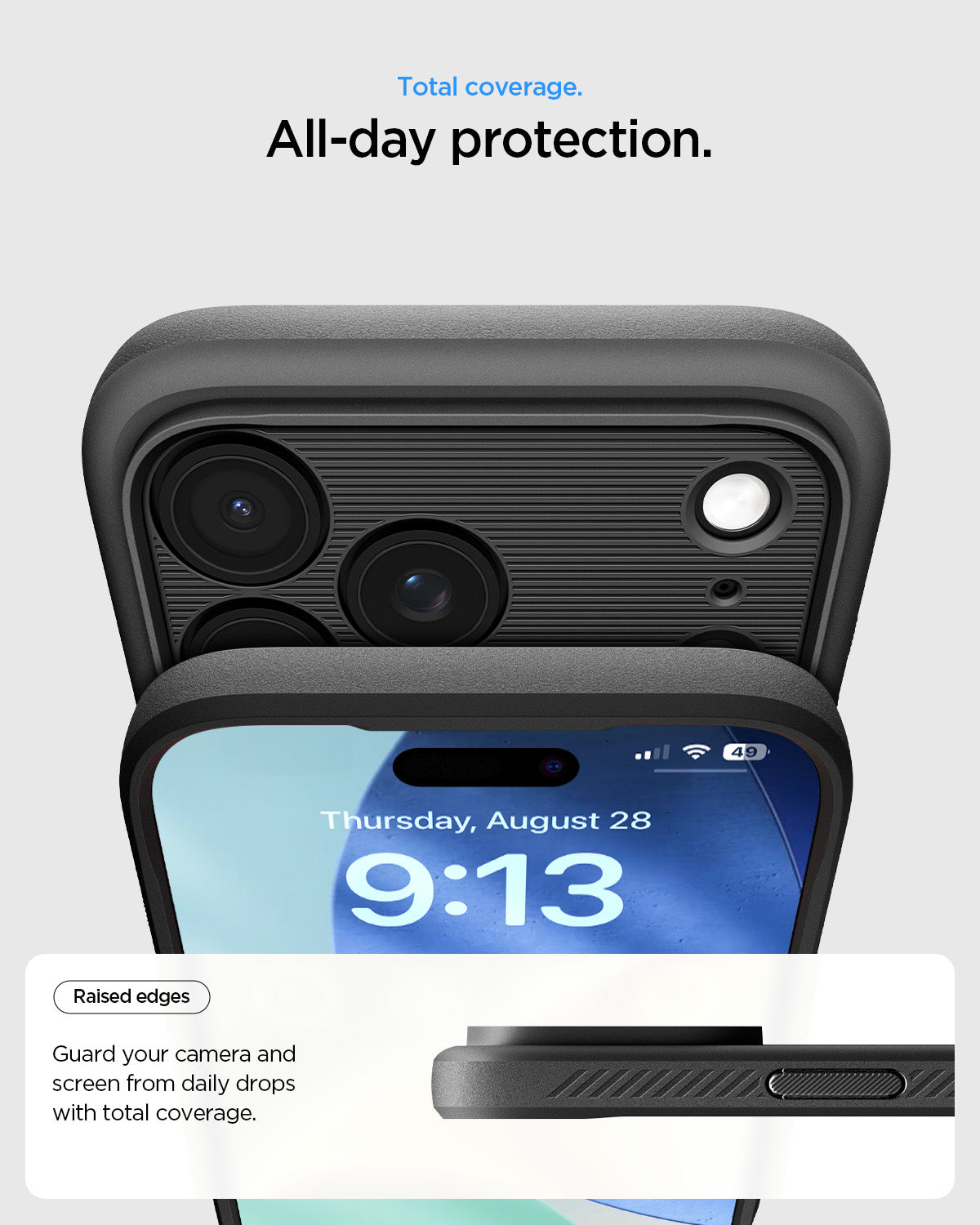 ACS09940 - iPhone 17 Pro Rugged Armor (MagFit) in Matte Black showing total coverage. all day protection. Raised edges. Guard your camera and screen from daily drops with total coverage