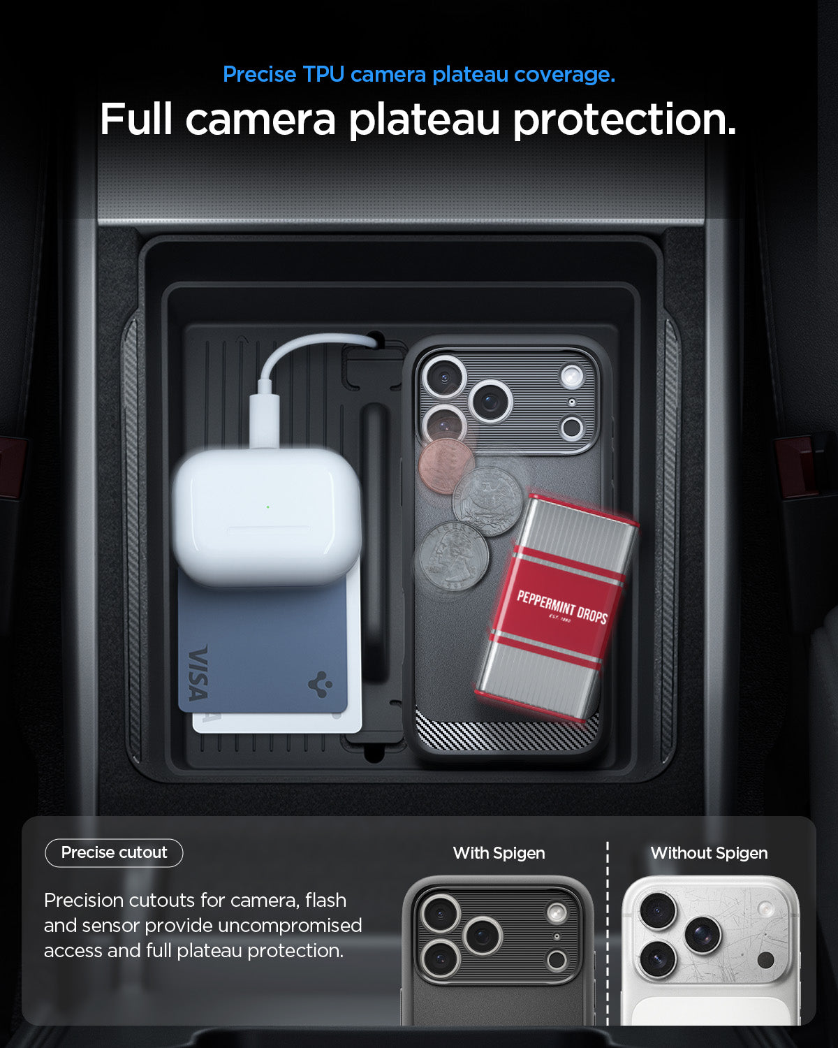 ACS09940 - iPhone 17 Pro Rugged Armor (MagFit) in Matte Black showing precise TPU camera plateau coverage. Full camera plateau protection.