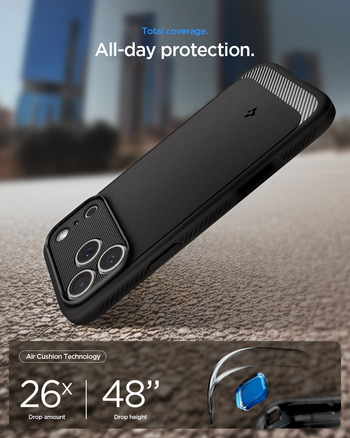 ACS09940CC - iPhone 18 Pro / iPhone 17 Pro Rugged Armor (MagFit) in Matte Black showing total coverage. all day protection