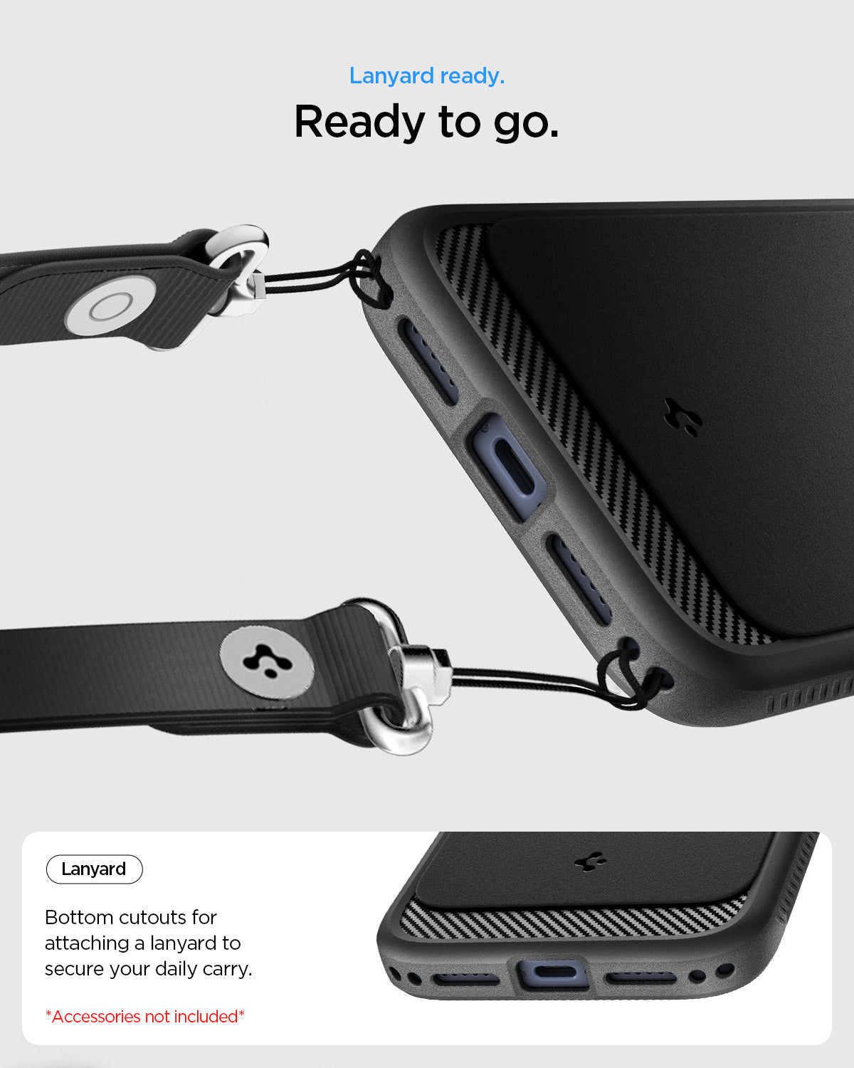 ACS09940CC - iPhone 18 Pro / iPhone 17 Pro Rugged Armor (MagFit) in Matte Black showing lanyard ready. ready to go