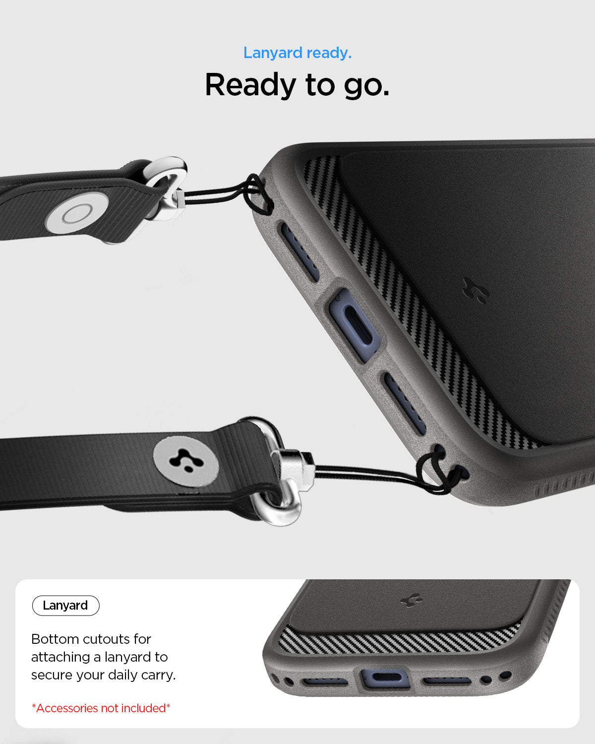 ACS09941 - iPhone 17 Pro Rugged Armor (MagFit) in Gray showing lanyard ready. ready to go