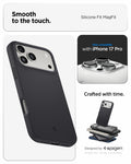 ACS09955 - iPhone 17 Pro Silicone Fit (MagFit) Case in black showing smooth to the touch. designed by spigen.