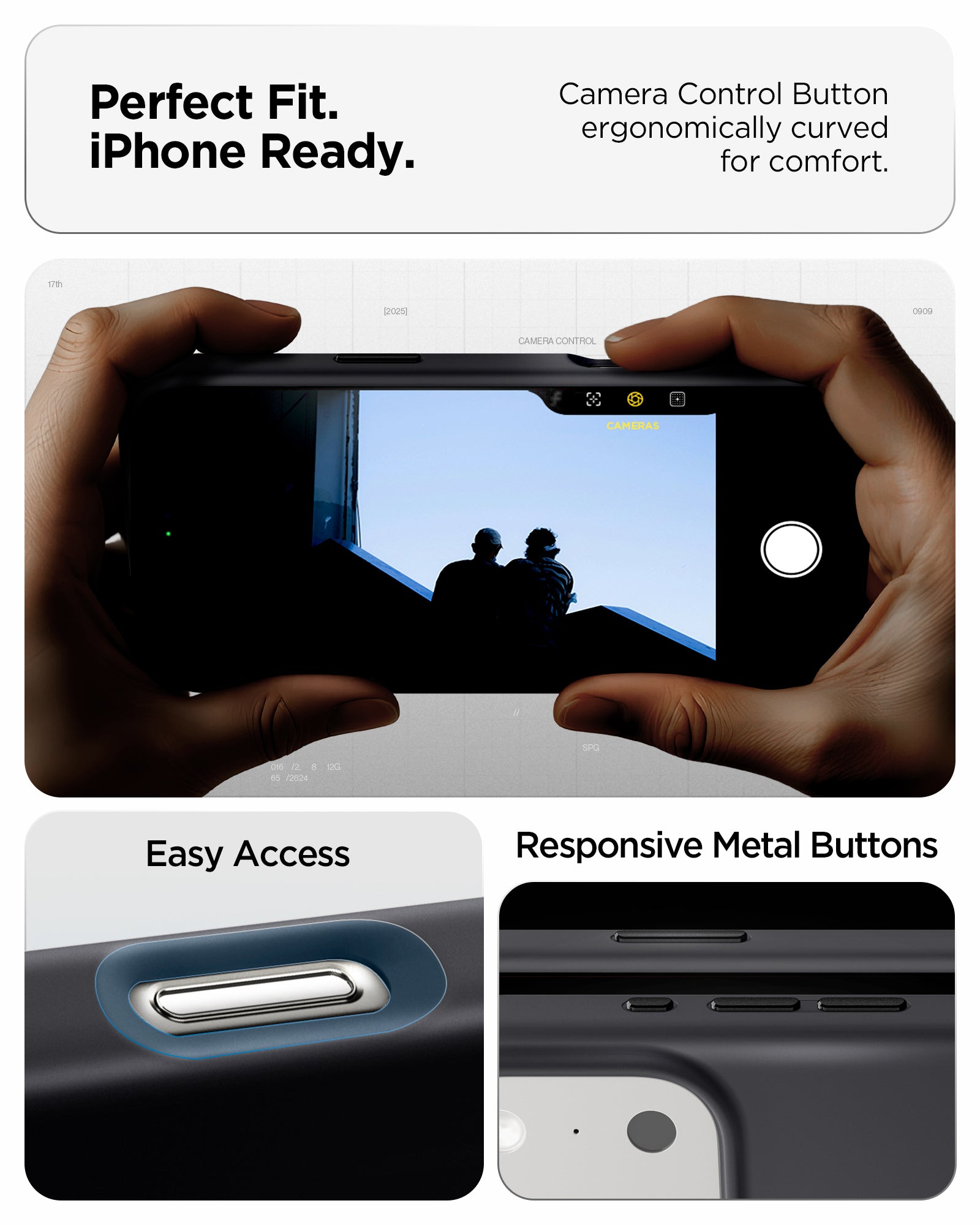 ACS09955 - iPhone 17 Pro Silicone Fit (MagFit) Case in black showing perfect fit. iPhone ready. Camera control button ergonomically curved for comfort