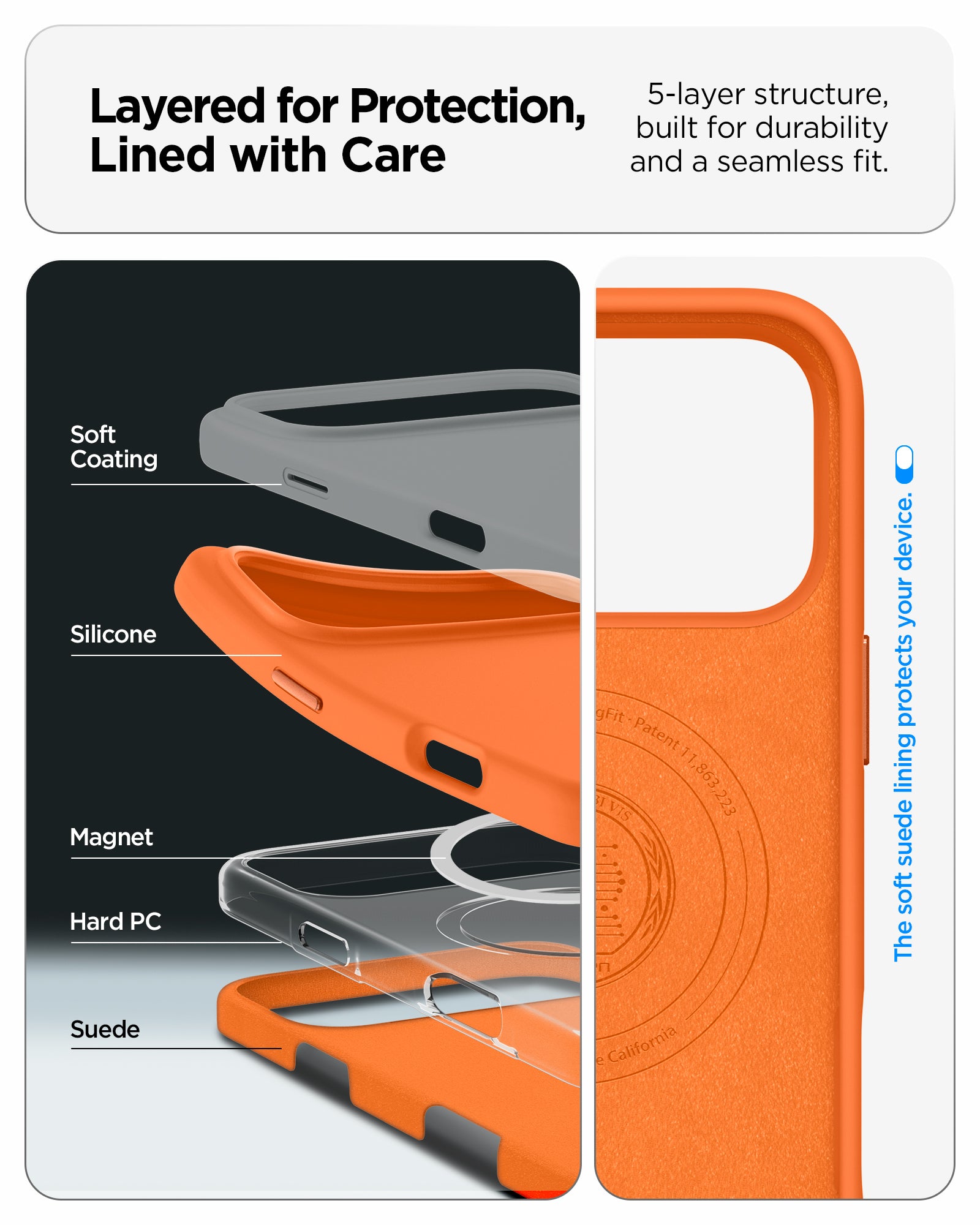 ACS11378 - iPhone 17 Pro Silicone Fit (Mag Fit) in Cosmic Orange showing layered for protection, lined with care. 5 layer structure built for durability and a seamless fit
