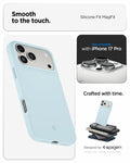 ACS10079 - iPhone 17 Pro Silicone Fit (MagFit) Case in blue showing smooth to the touch. designed by spigen.