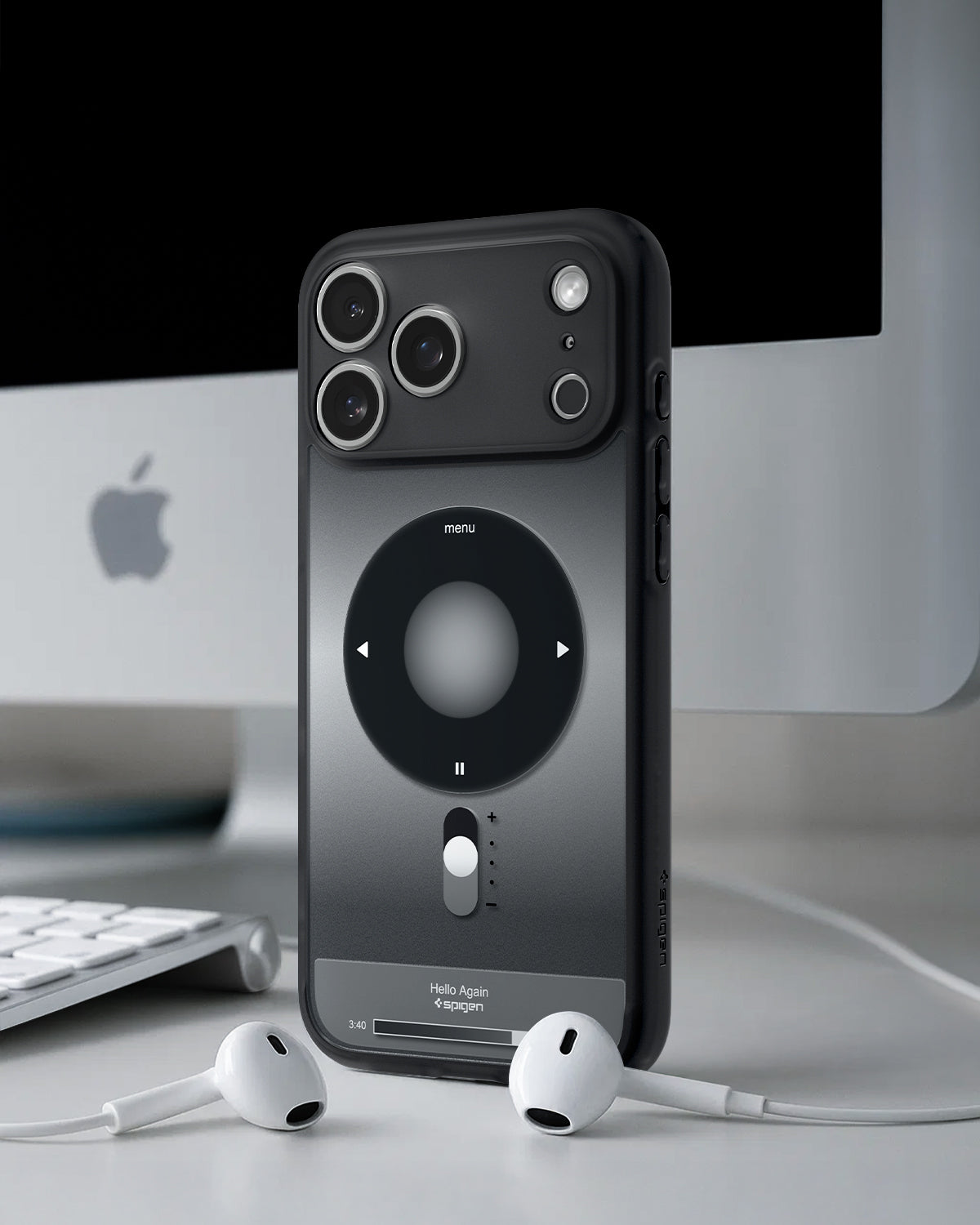 ACS10076 - iPhone 17 Pro Case Ultra Hybrid Classic (MagFit) in Classic Black showing back of the case with airpods