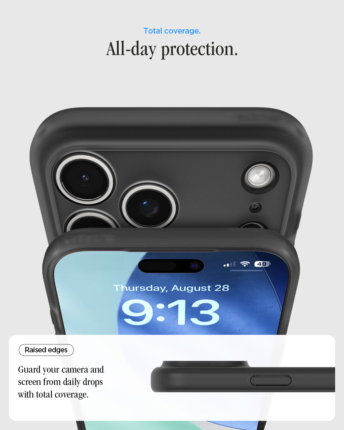 ACS10076 - iPhone 17 Pro Case Ultra Hybrid Classic (MagFit) in Classic Black showing total coverage. all day protection. raised edges. guard your camera and screen from daily drops with total coverage.