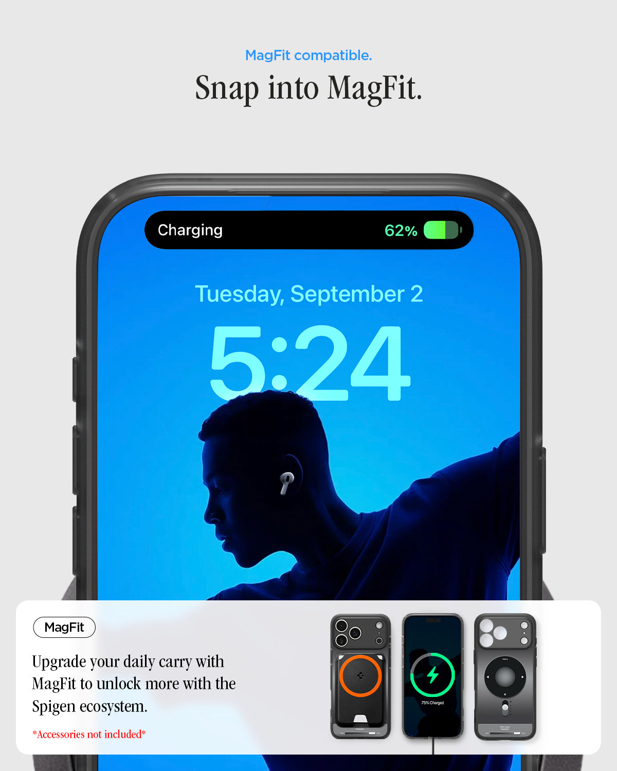 ACS10076 - iPhone 17 Pro Case Ultra Hybrid Classic (MagFit) in Classic Black showing magfit compatible. snap into magfit. upgrade your daily carry with magfit to unlock more with the spigen ecosystem.