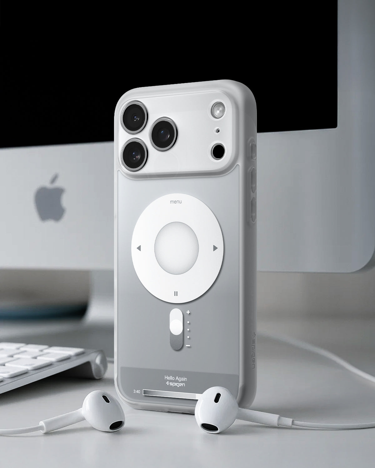 ACS10075 - iPhone 17 Pro Case Ultra Hybrid Classic (MagFit) in Classic Silver showing back of the case with airpods