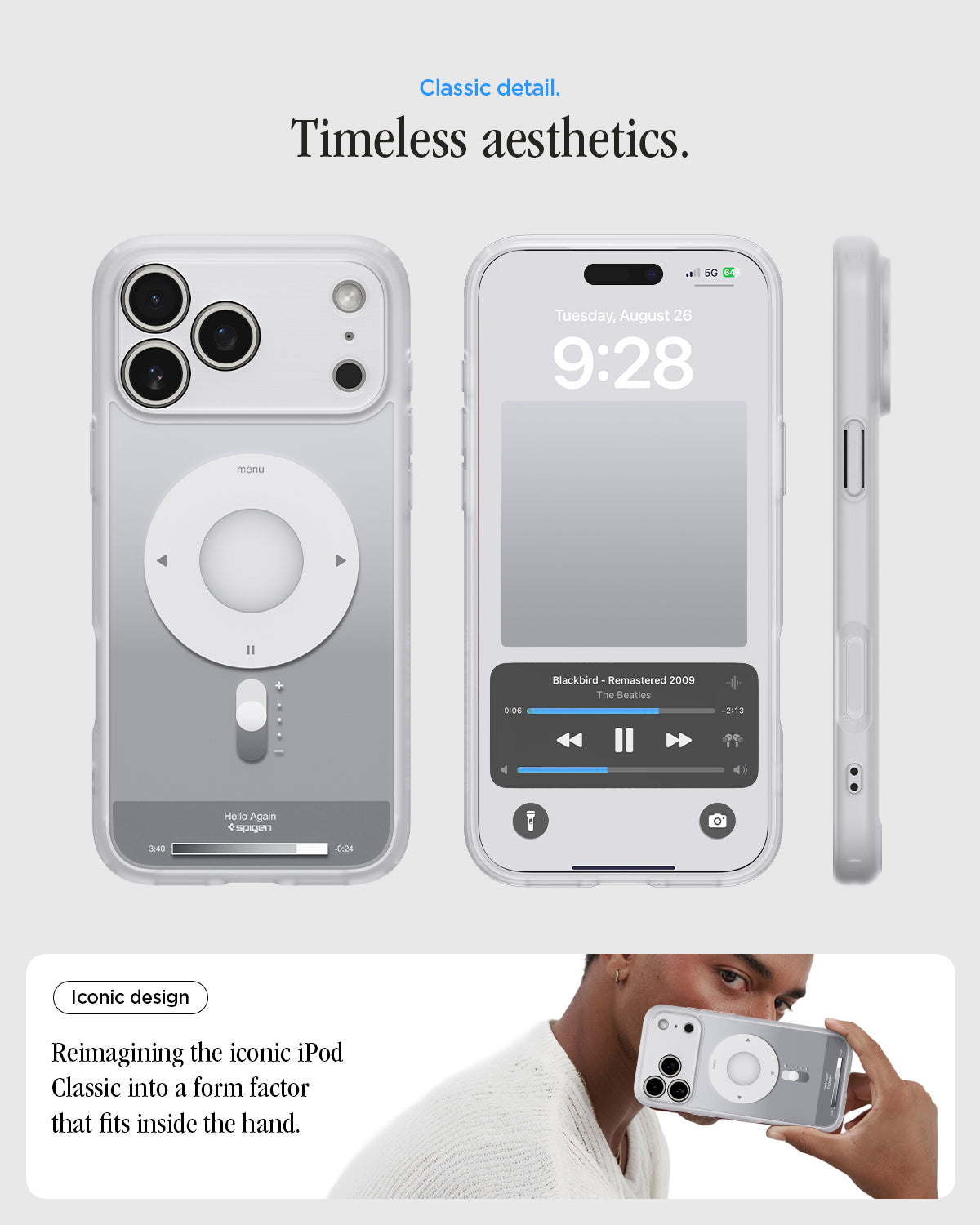 ACS10075 - iPhone 17 Pro Case Ultra Hybrid Classic (MagFit) in Classic Silver showing classic detail. timeless aesthetics. iconic design. reimagining the iconic iPod Classic into a form factor that fits inside the hand.